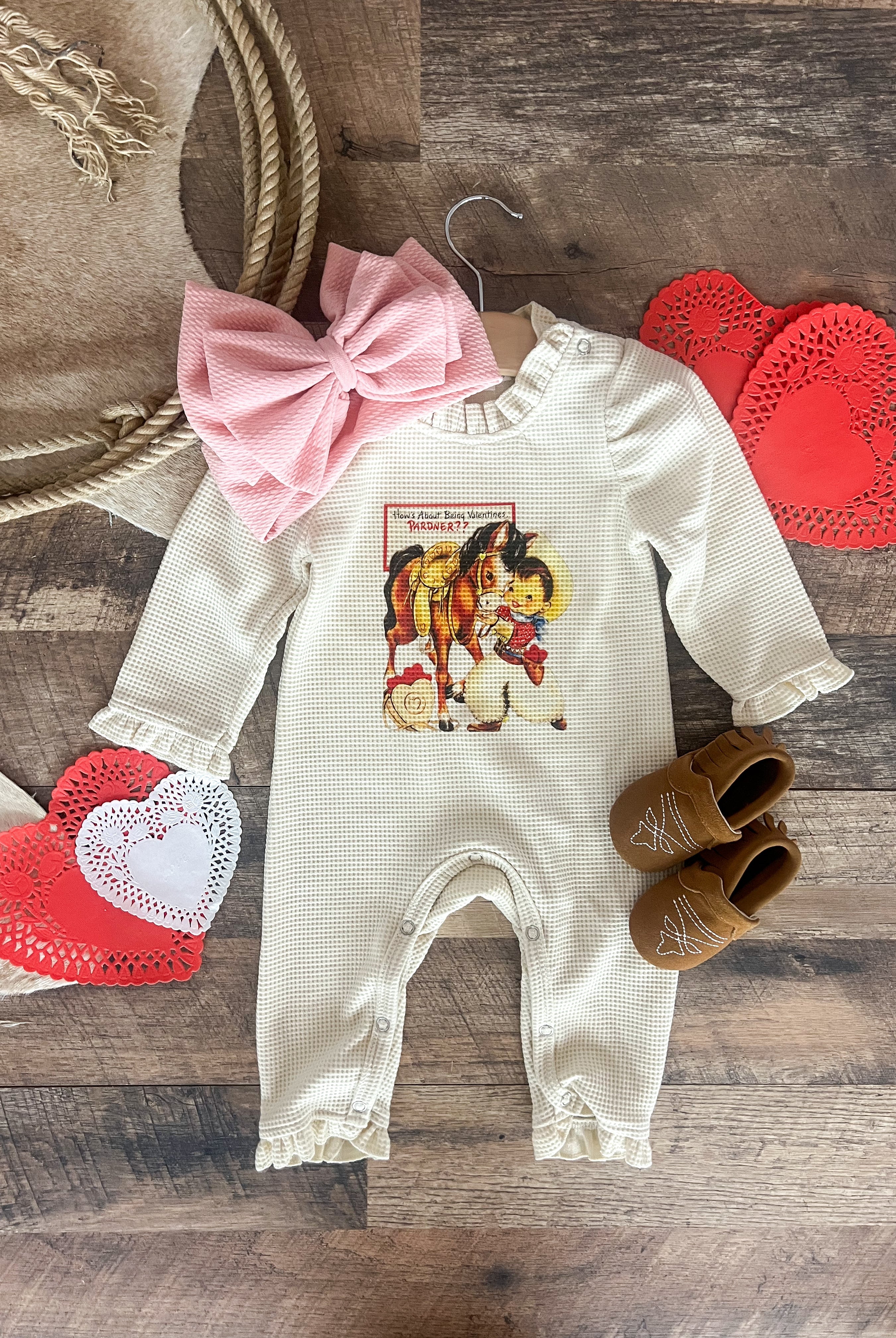Pardner Vintage Cowboy Valentines Waffle Romper(Infant)(Cream)