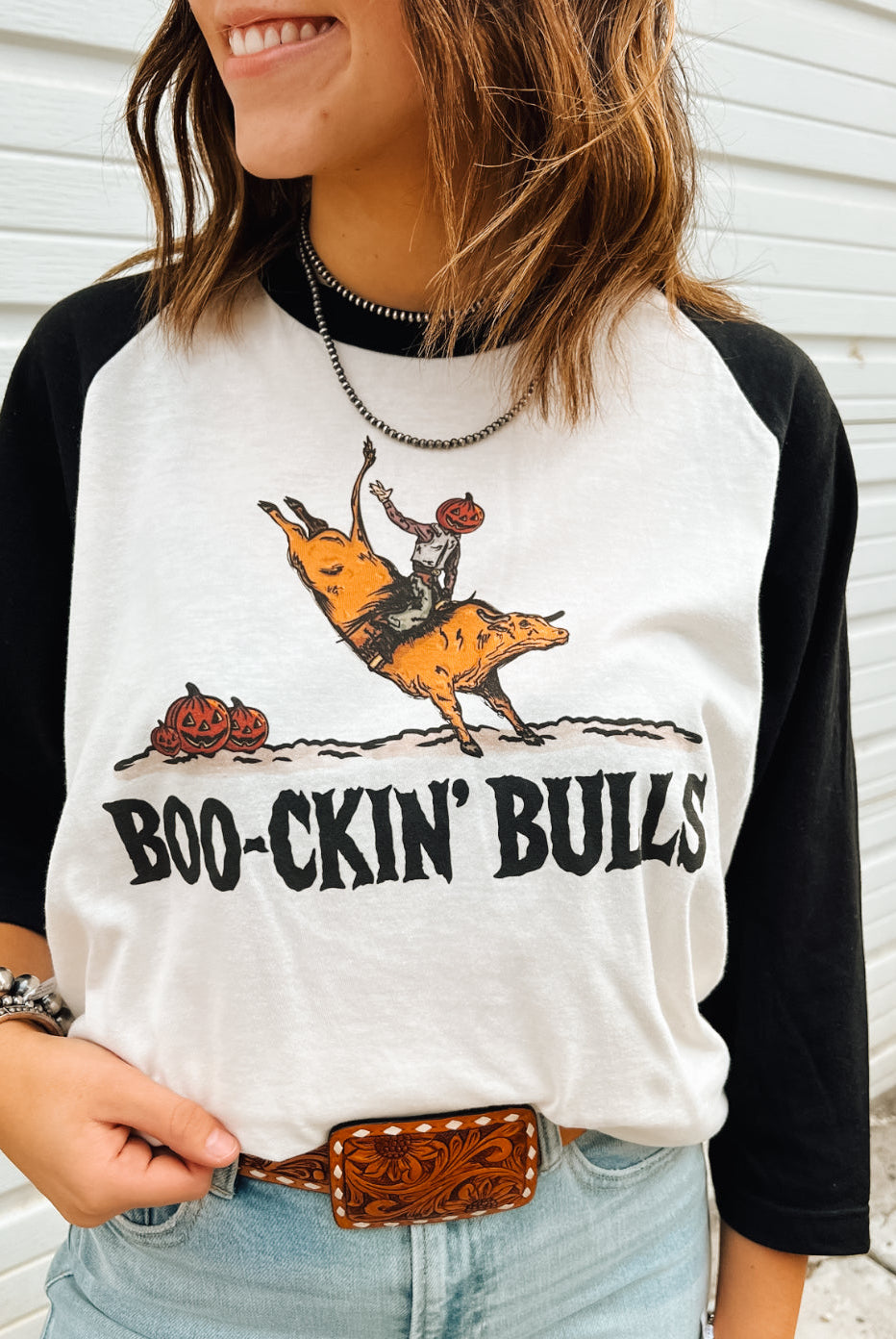 Boo-kin’ Bulls– Raglan Tee(White/Black)