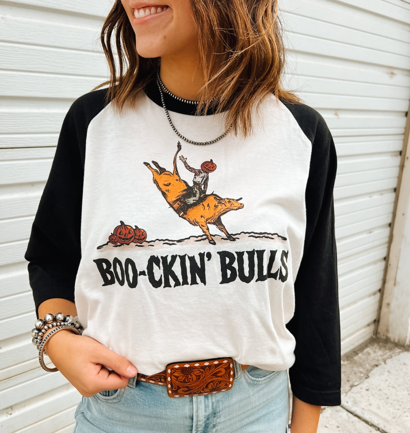 Boo-kin’ Bulls– Raglan Tee(White/Black)