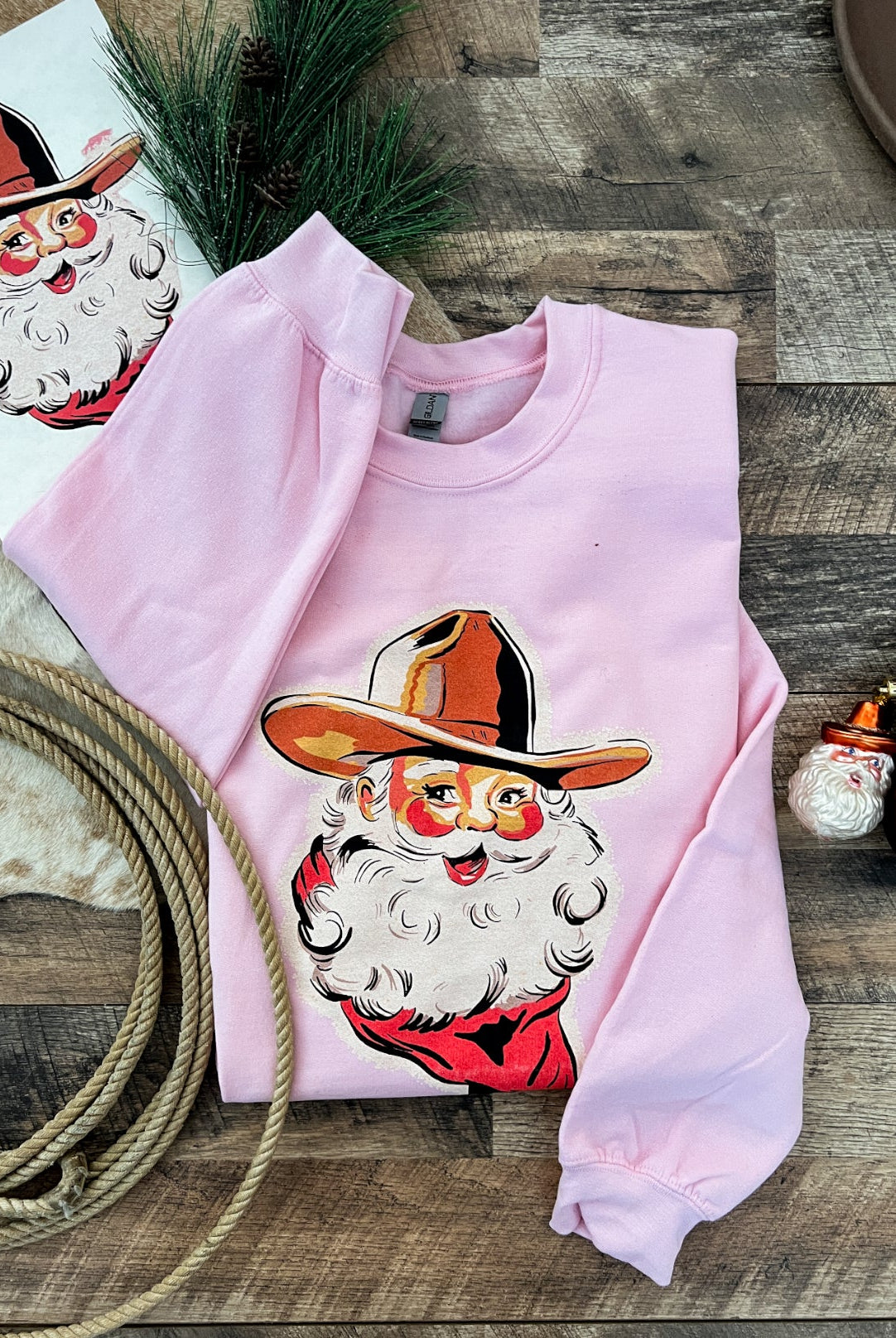 Cowboy Santa Tee or Sweatshirt (light pink)