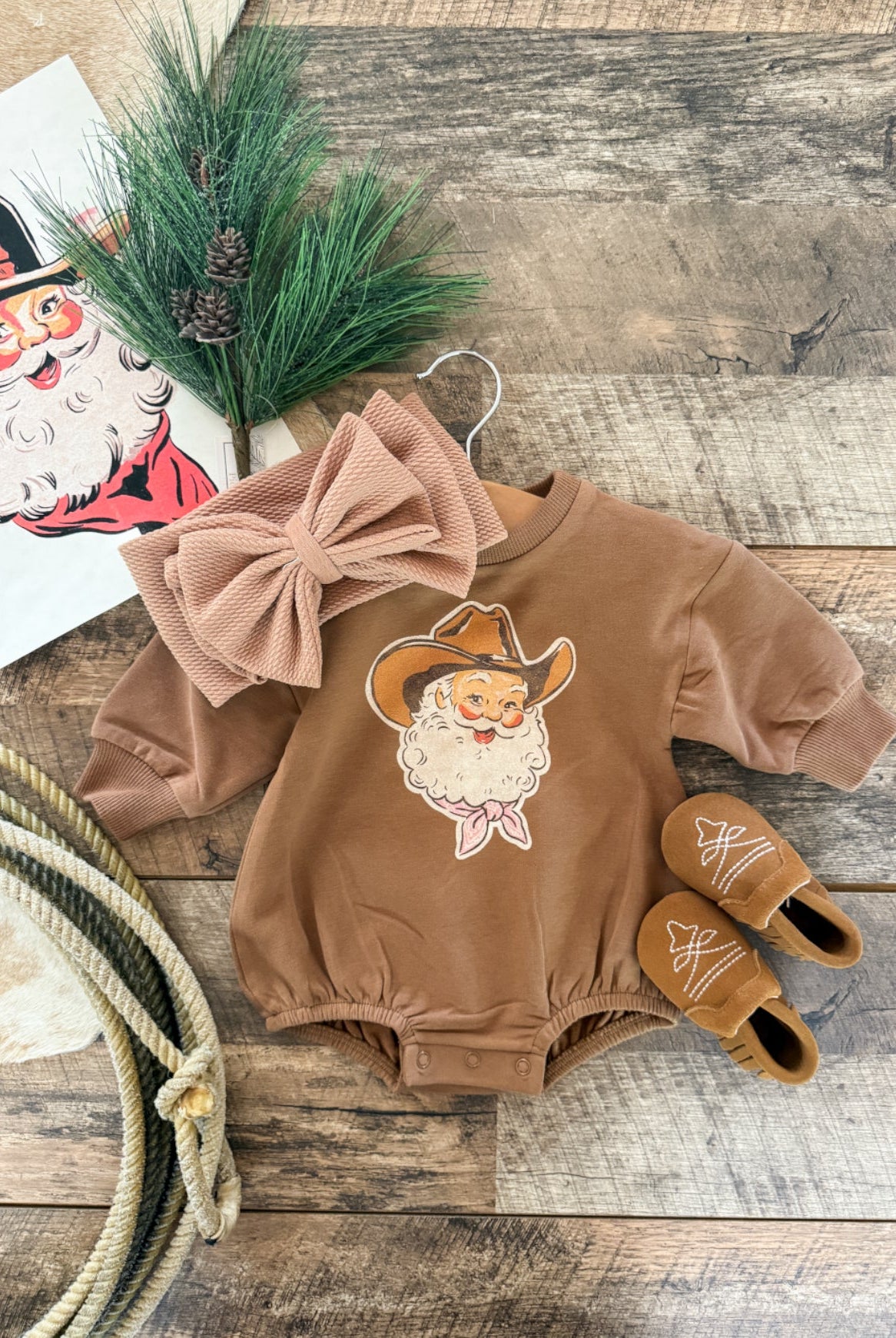 Pink Night Cowboy Santa Christmas Bubble Romper (cognac)