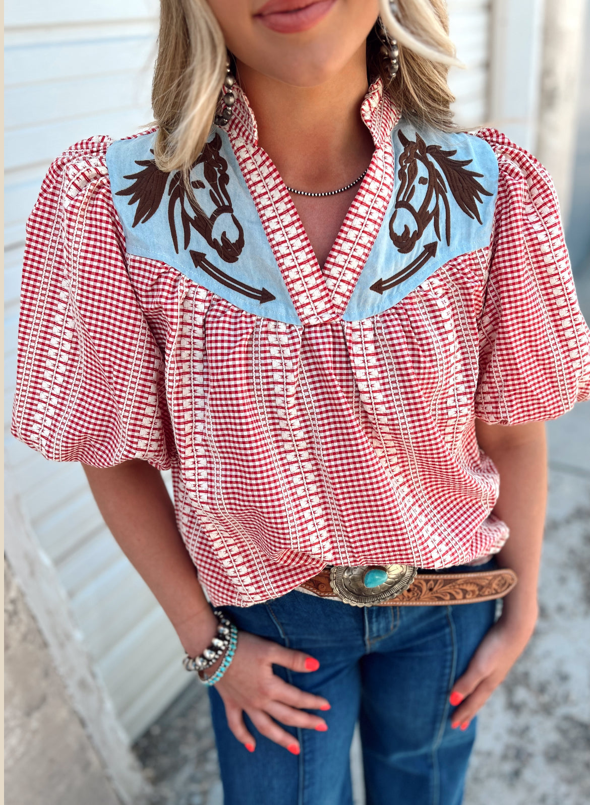Prairie Horse Gingham Puff Sleeve Blouse (Red) Tops -Blouses
