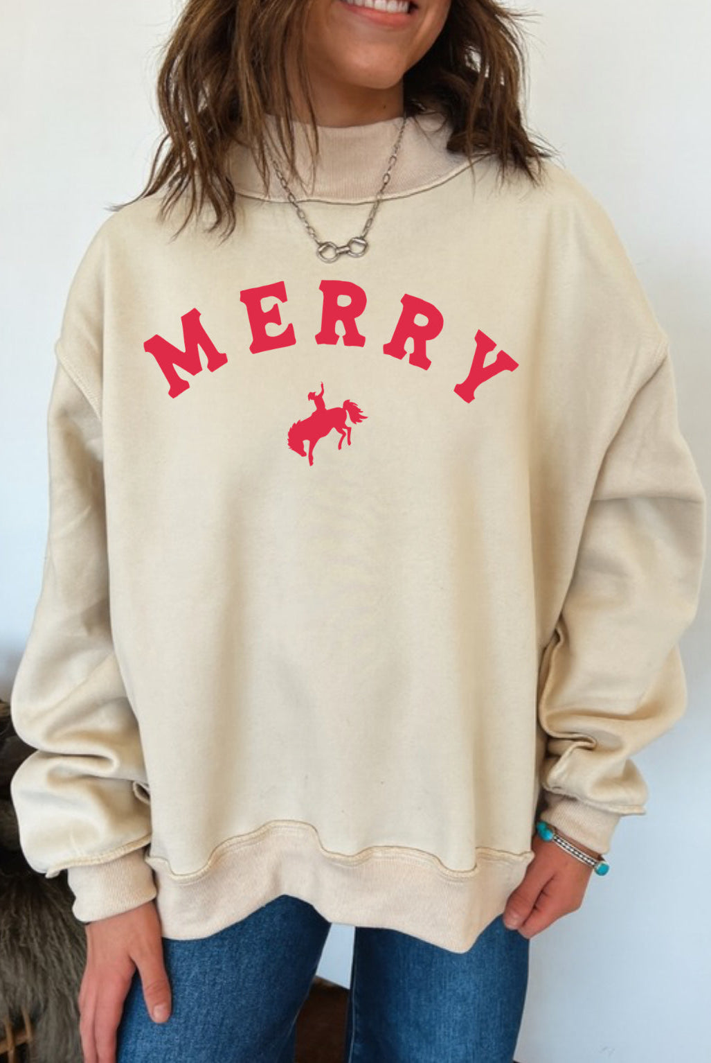 Merry Bronc Mock Neck Sweatshirt (Cream)(no christmas delivery for restock)