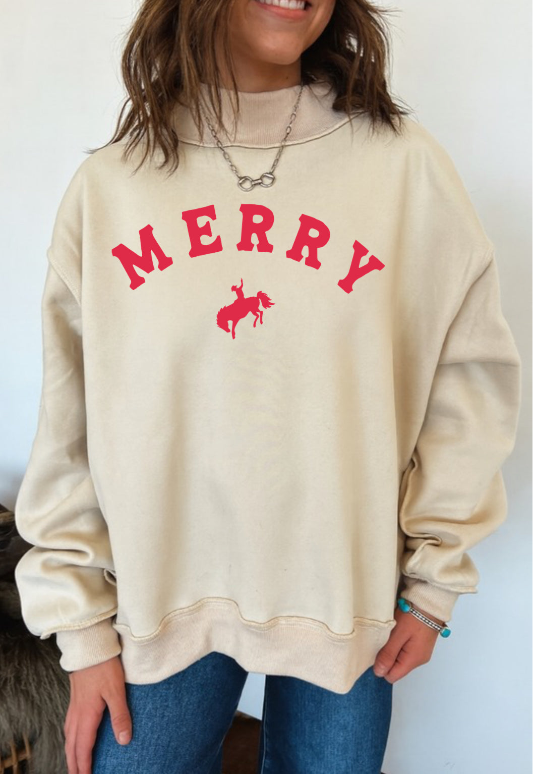 Merry Bronc Mock Neck Sweatshirt (Cream)(no christmas delivery for restock)