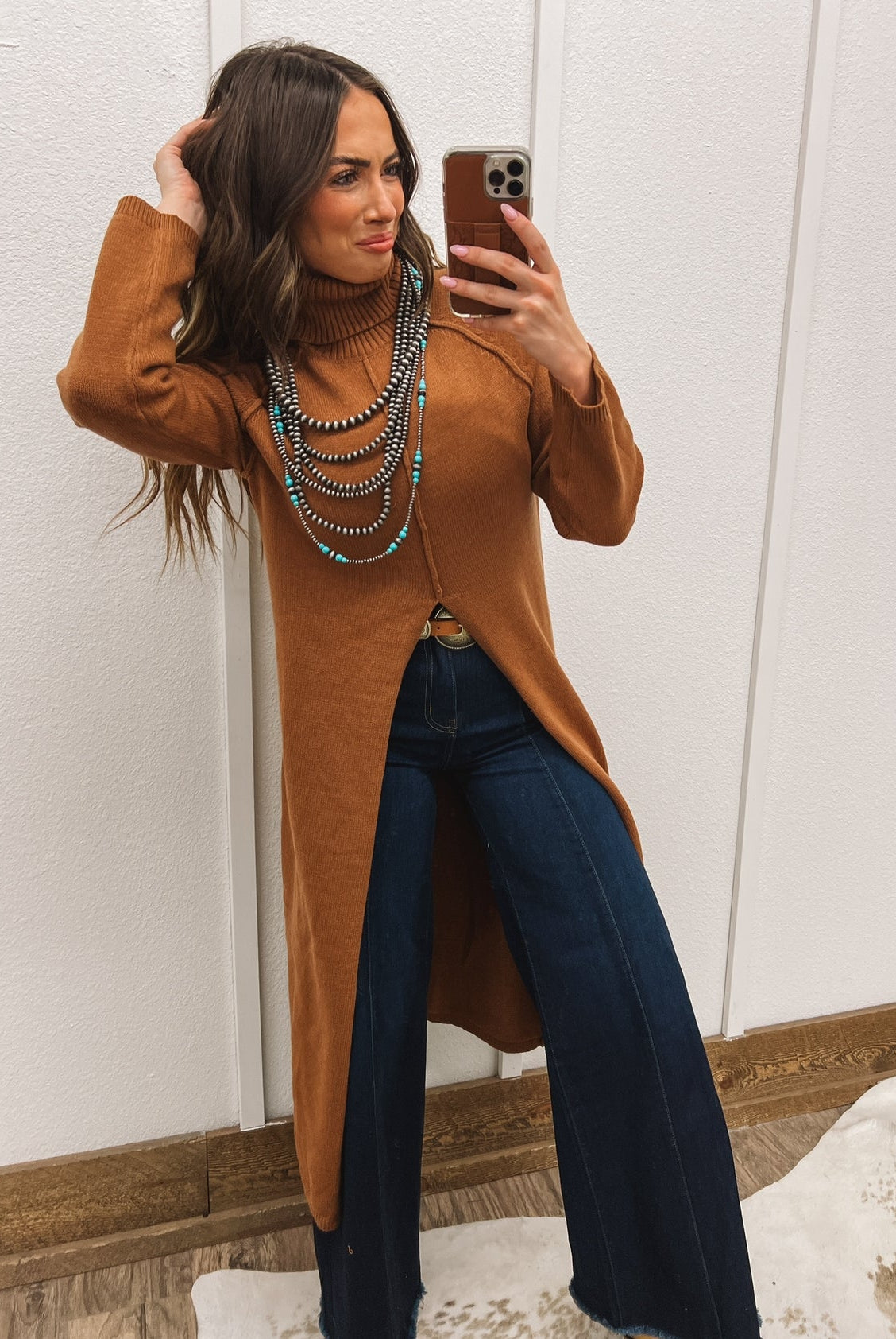 Turtle Neck Sweater Dress With Slit (Camel) Tops - Sweaters