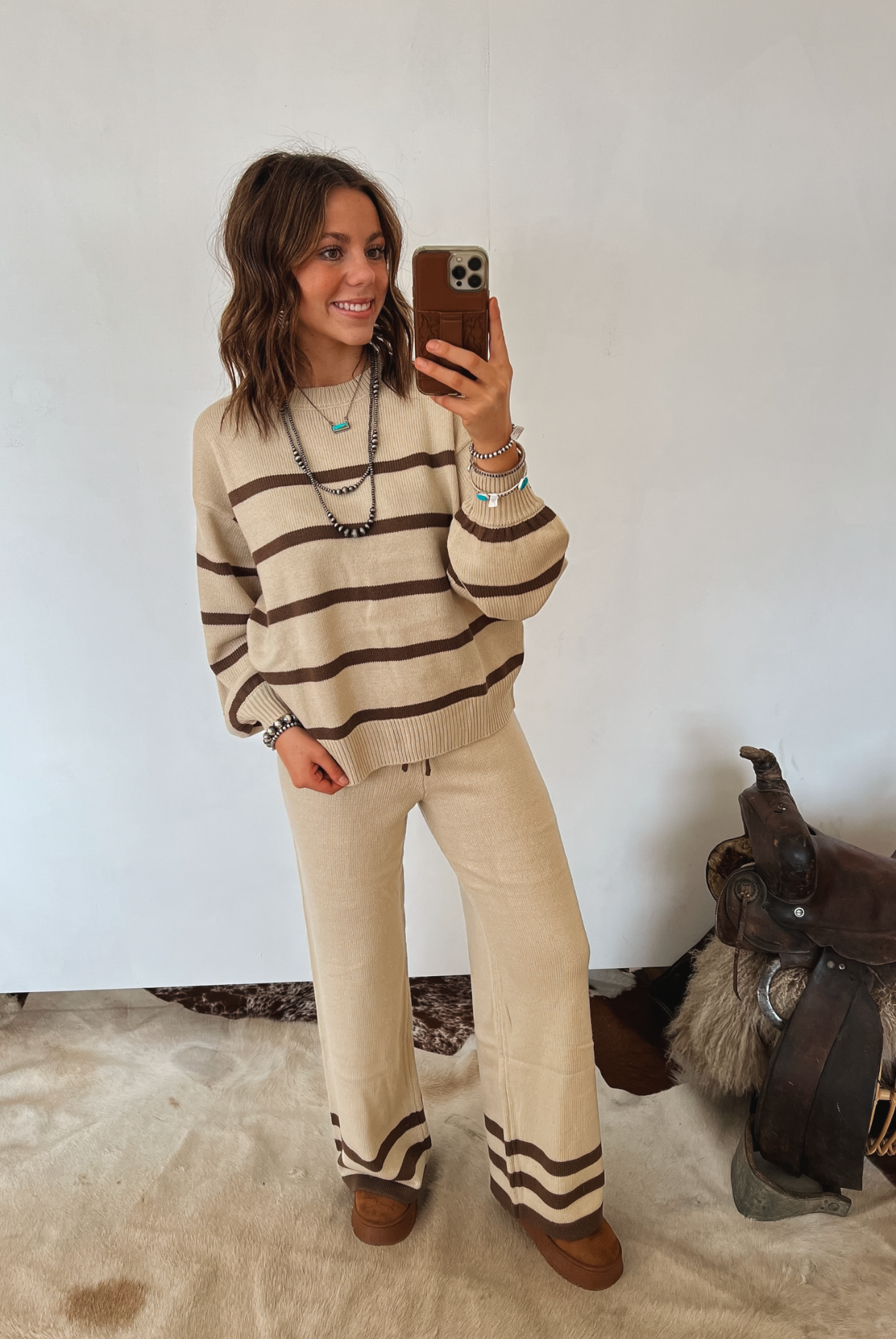 Home On The Range Stripped Lounge Set Tops - Sweaters