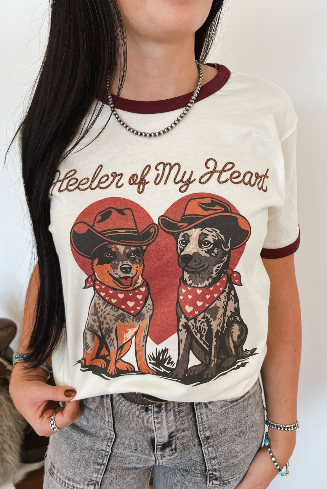 Heeler Of My Heart Ringer Tee (Cream/Burgandy)