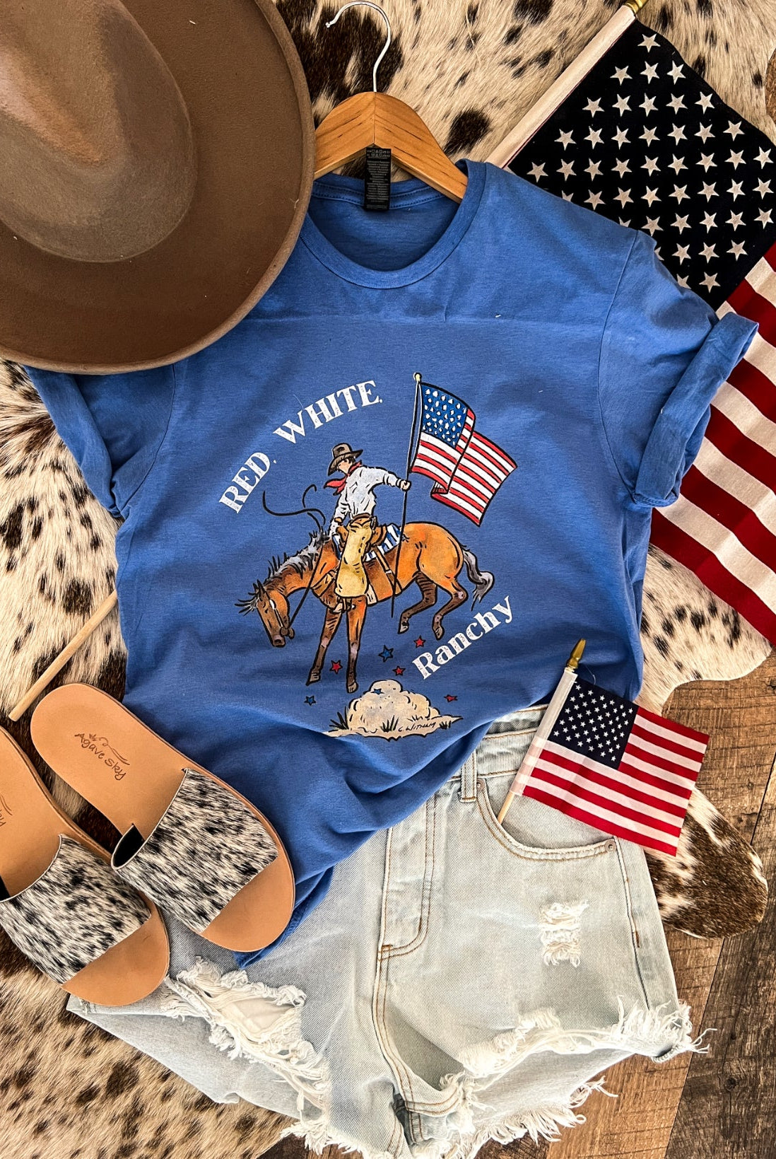 Western 4th Of July-Cody Red White Ranchy Tee Blue