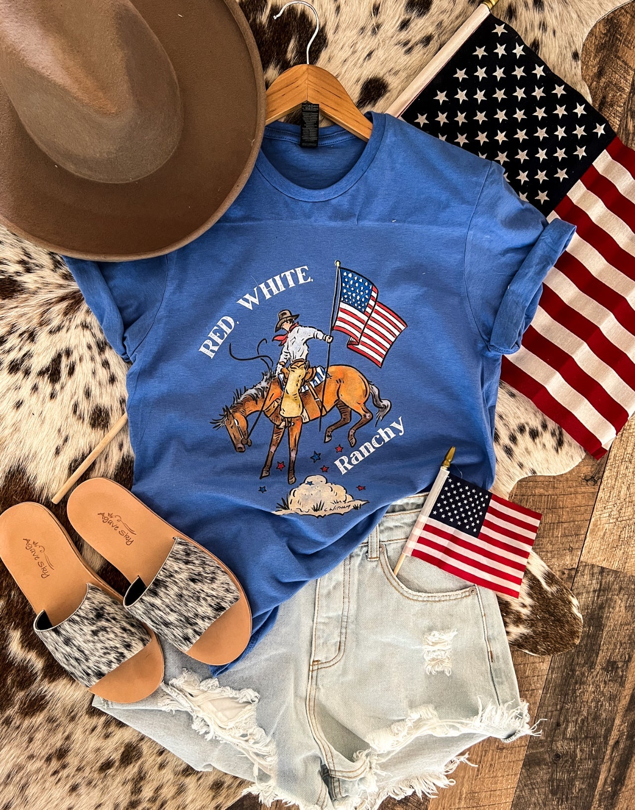 Western 4th Of July-Cody Red White Ranchy Tee Blue