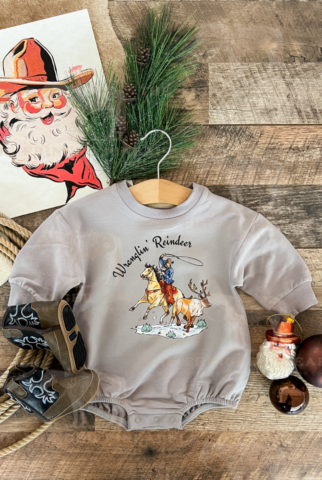 Cody Wranglin’ Reindeer Christmas Bubble Romper (grey)
