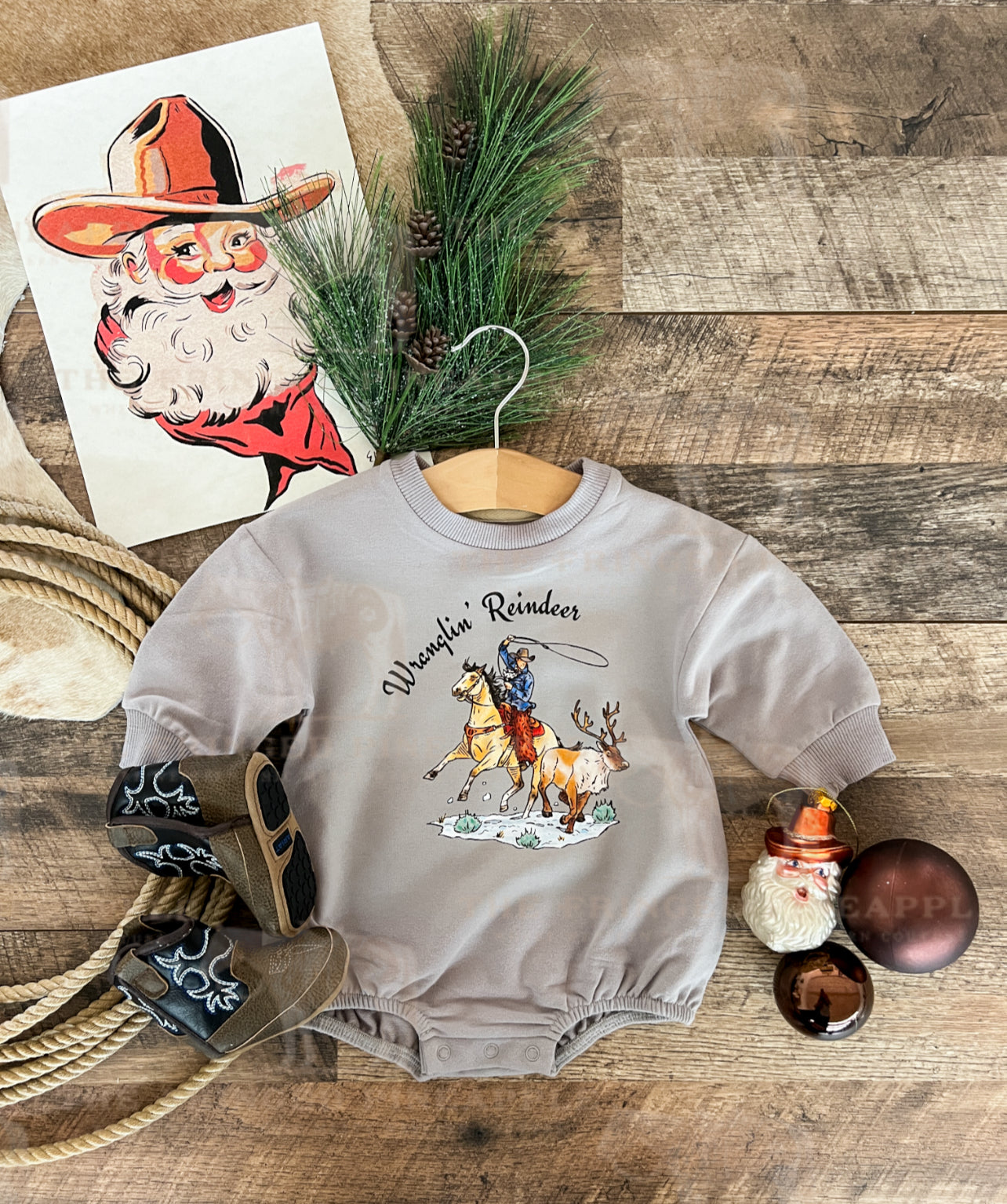 Cody Wranglin’ Reindeer Christmas Bubble Romper (grey)