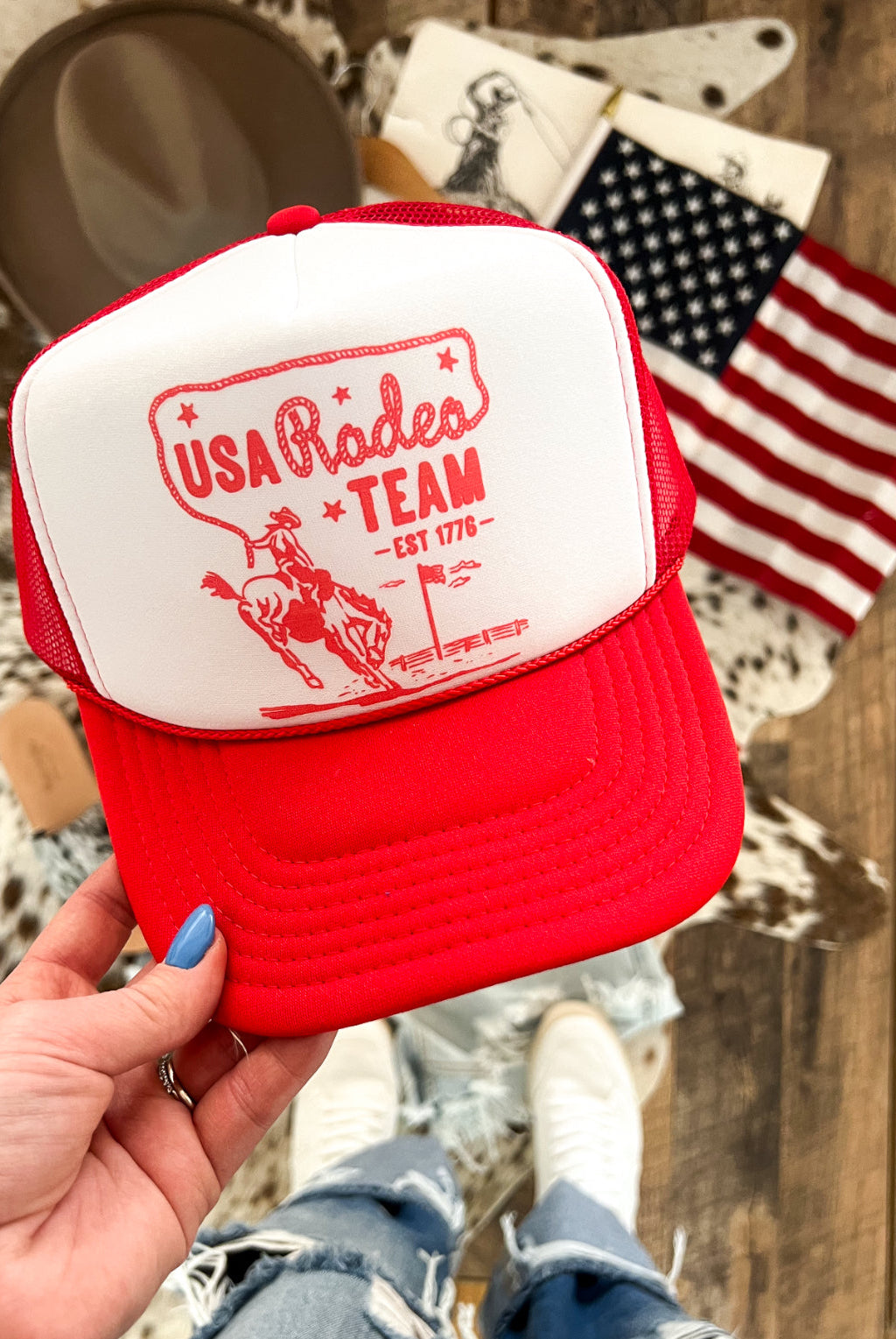 USA Rodeo Team Red Trucker Hat Red/White(Adult)