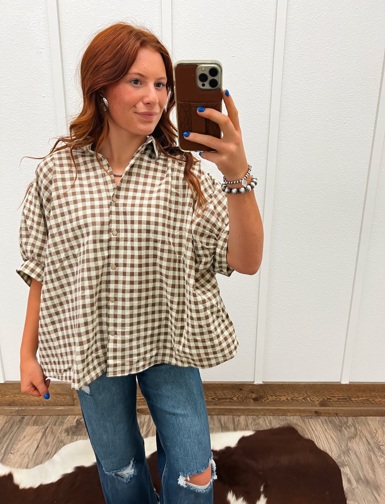 Gingham Babe Oversized Top (Brown) Tops - Outwear