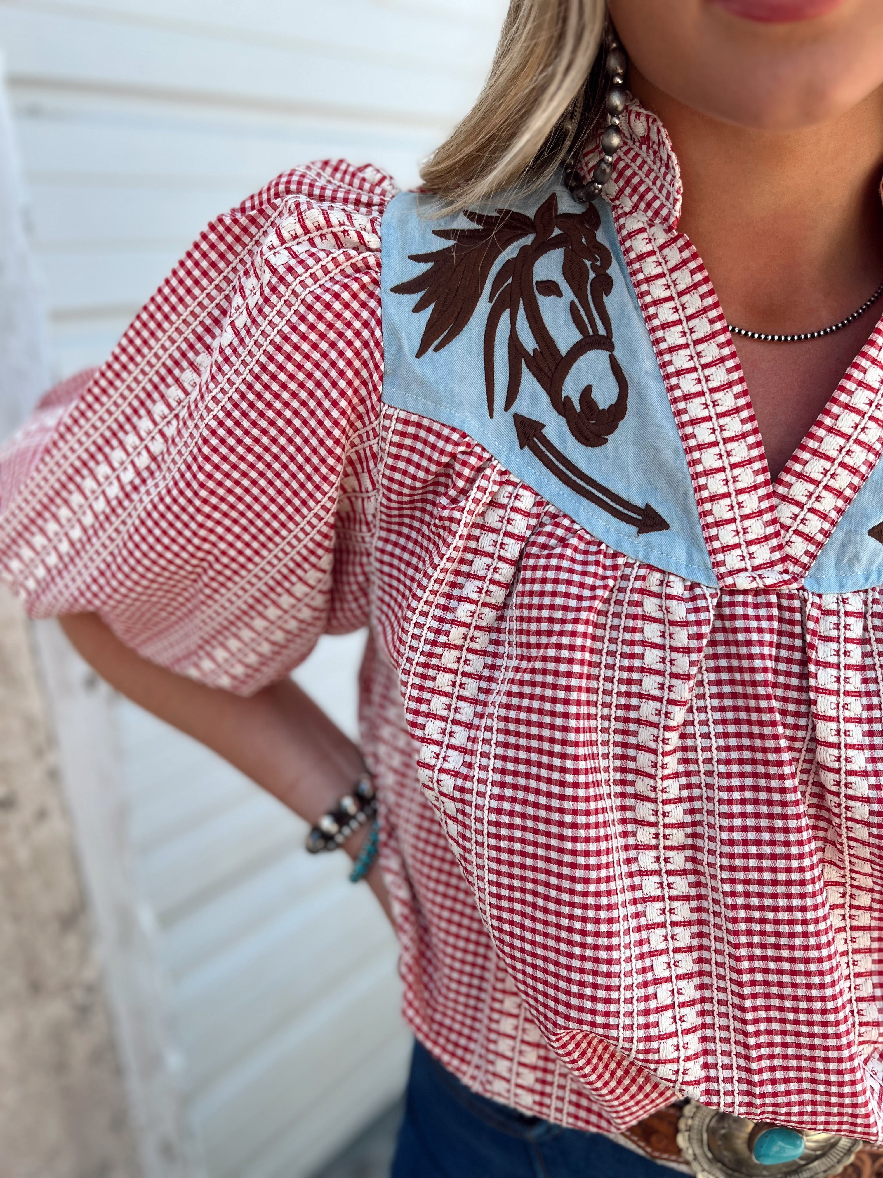 Prairie Horse Gingham Puff Sleeve Blouse (Red) Tops -Blouses