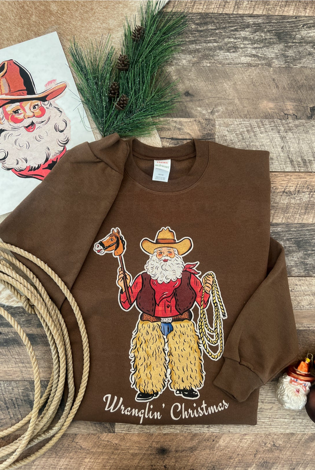Wranglin’ Christmas Santa Tee or Sweatshirt (chocolate brown)