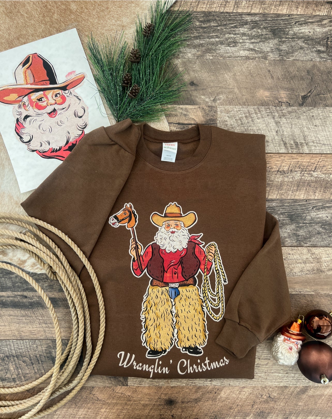 Wranglin’ Christmas Santa Tee or Sweatshirt (chocolate brown)
