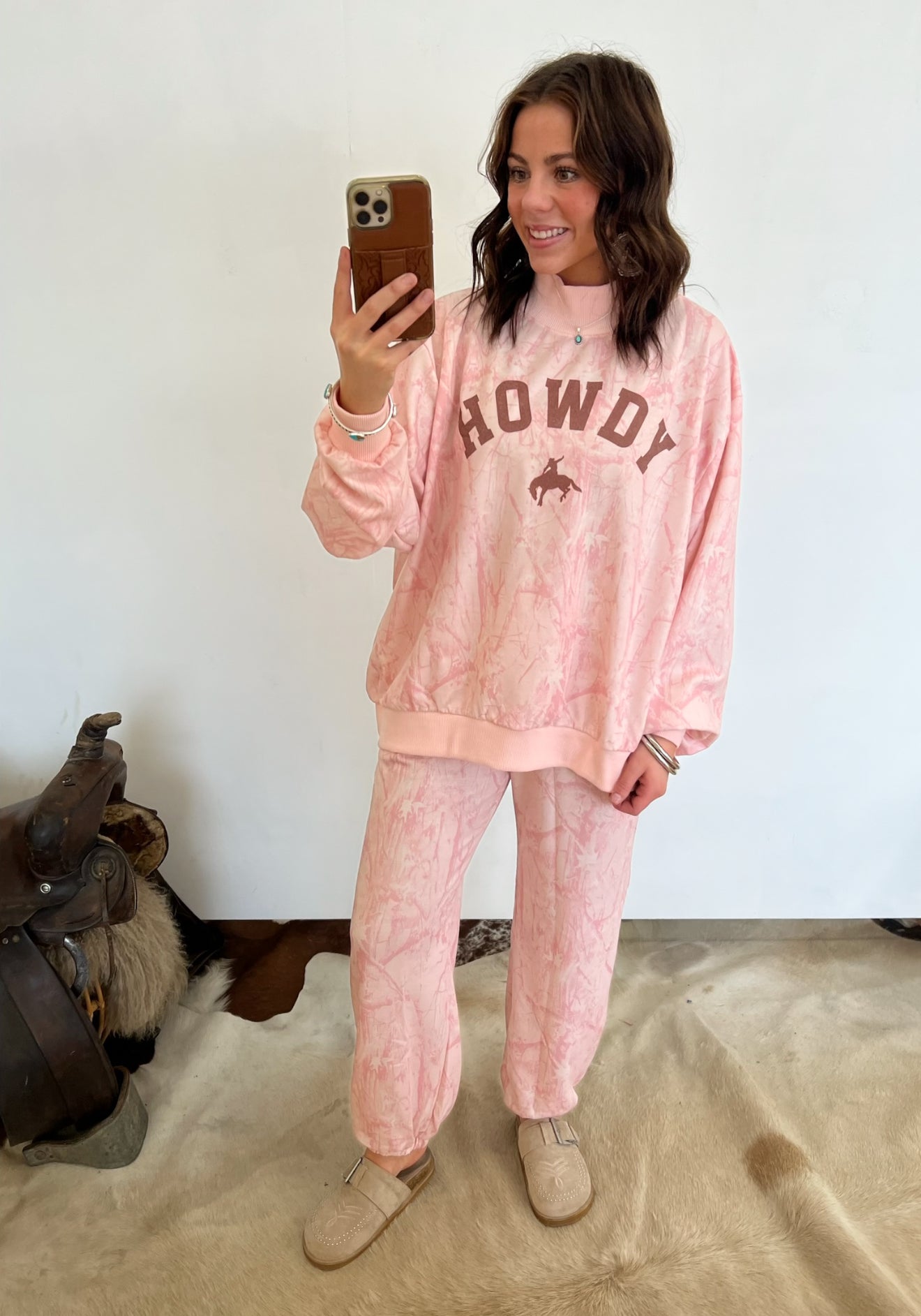 Howdy Western Oversized Mock Neck Set (Pink Camo)