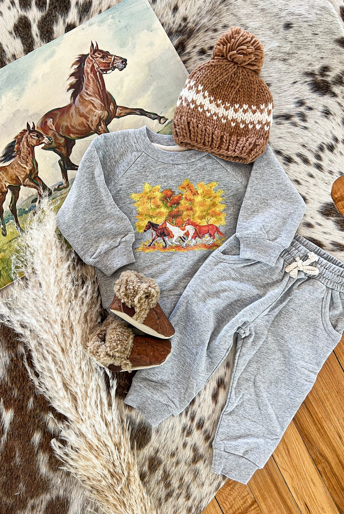 Fall Horses Sweatshirt Set(grey)(FRINGED EXCLUSIVE)