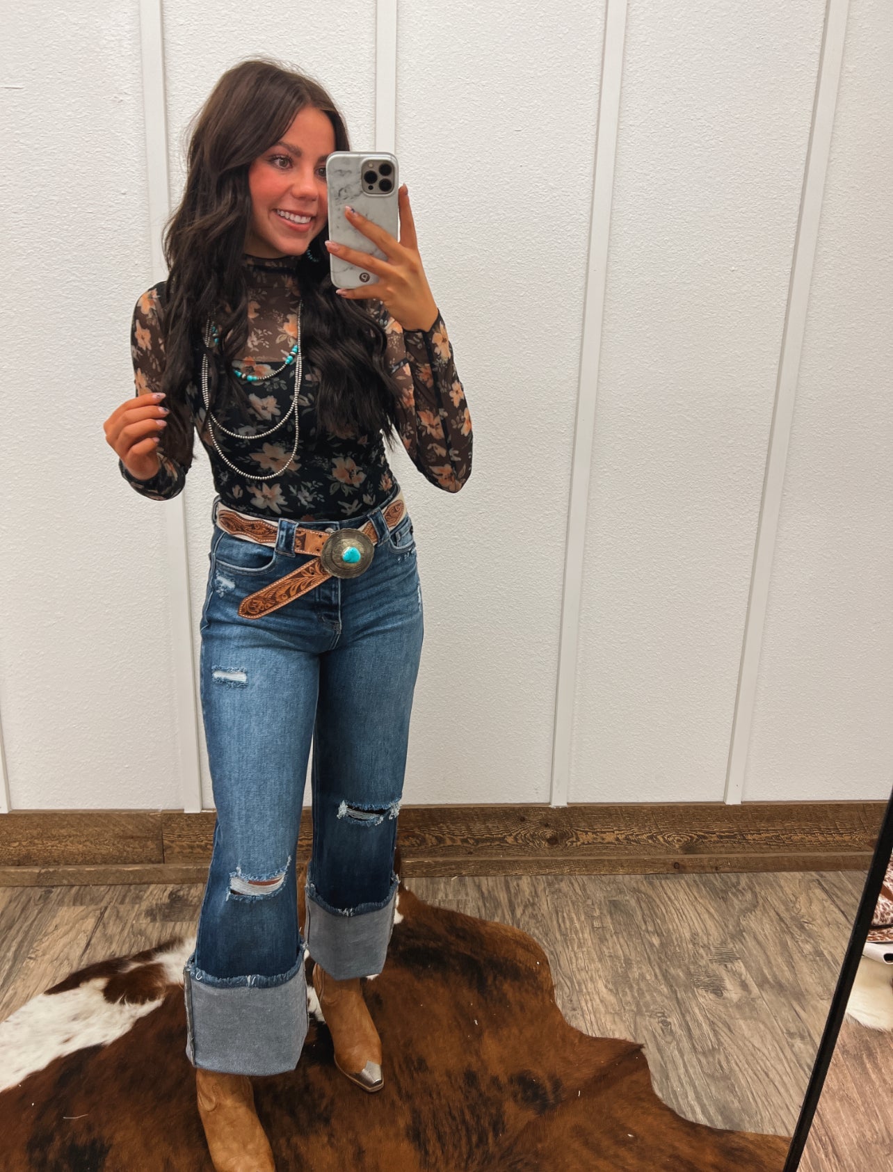 Black Floral Mesh Top