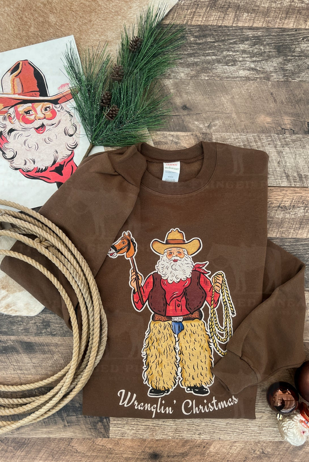Wranglin’ Christmas Santa Tee or Sweatshirt (chocolate brown)