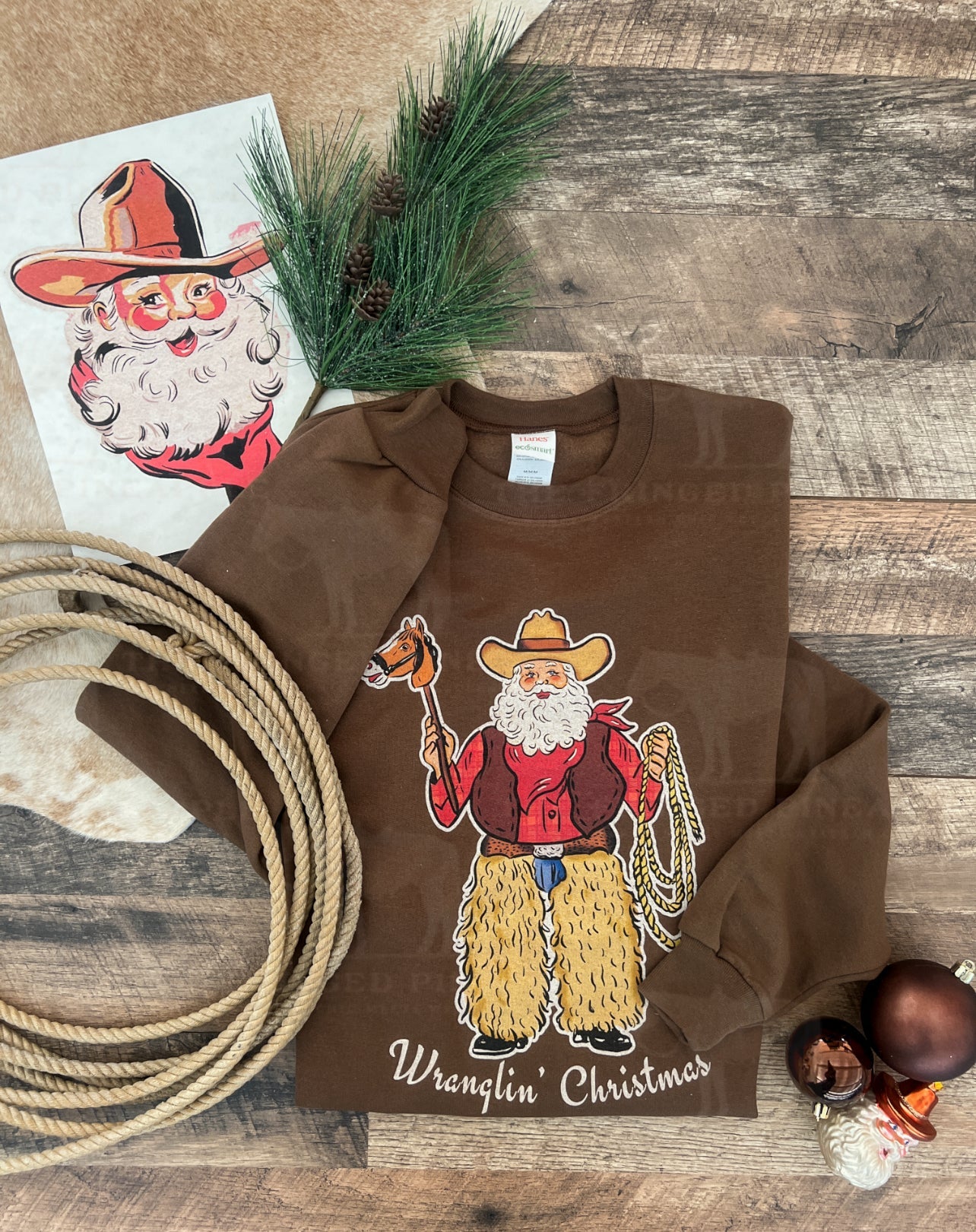 Wranglin’ Christmas Santa Tee or Sweatshirt (chocolate brown)