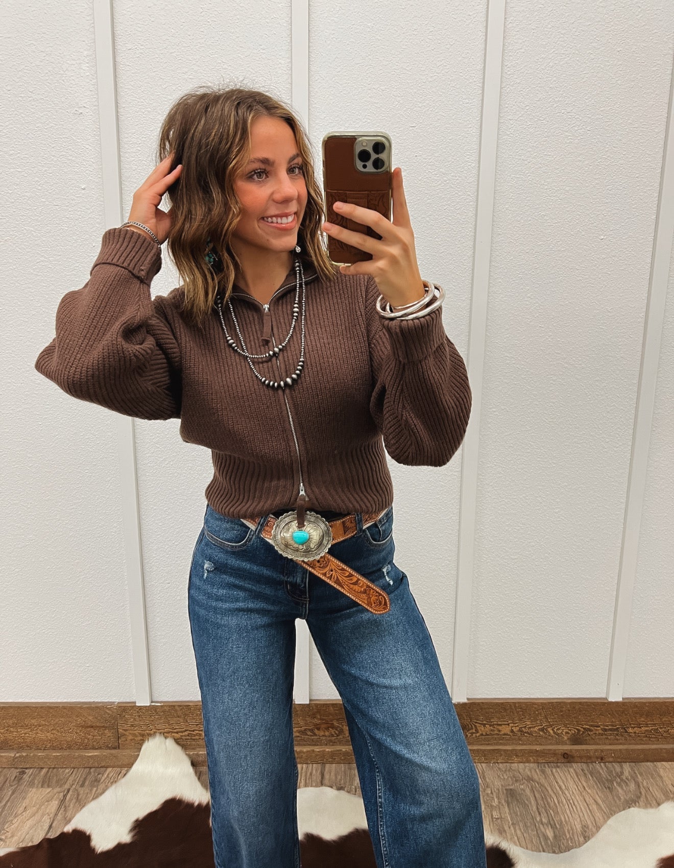 Honky Tonk Collared Zip Up (Brown)