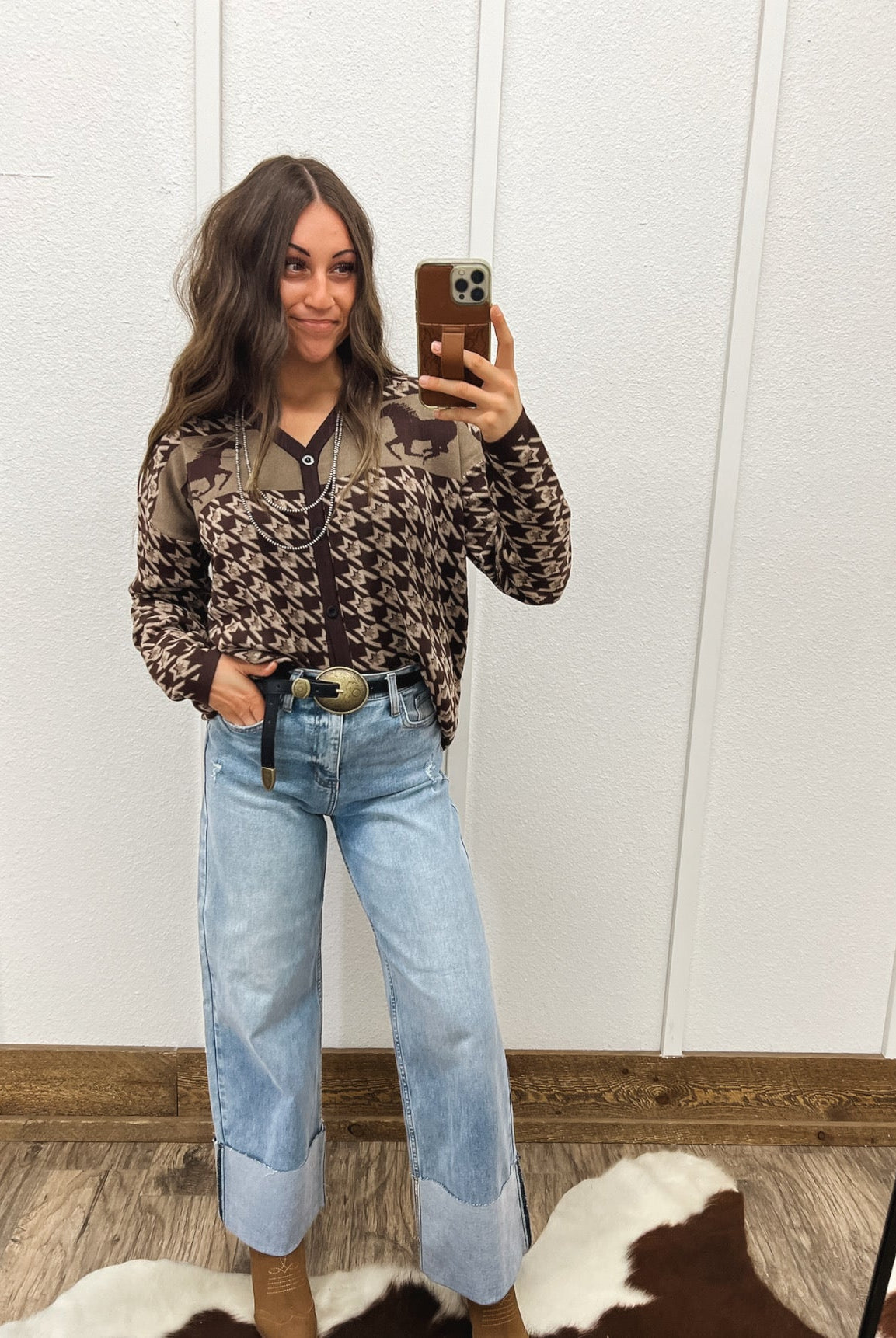 Western Houndstooth Cardigan Tops - Sweaters