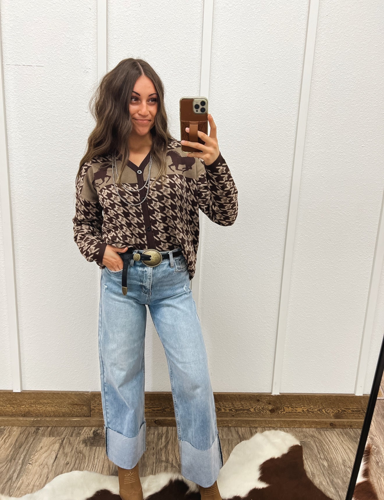 Western Houndstooth Cardigan Tops - Sweaters