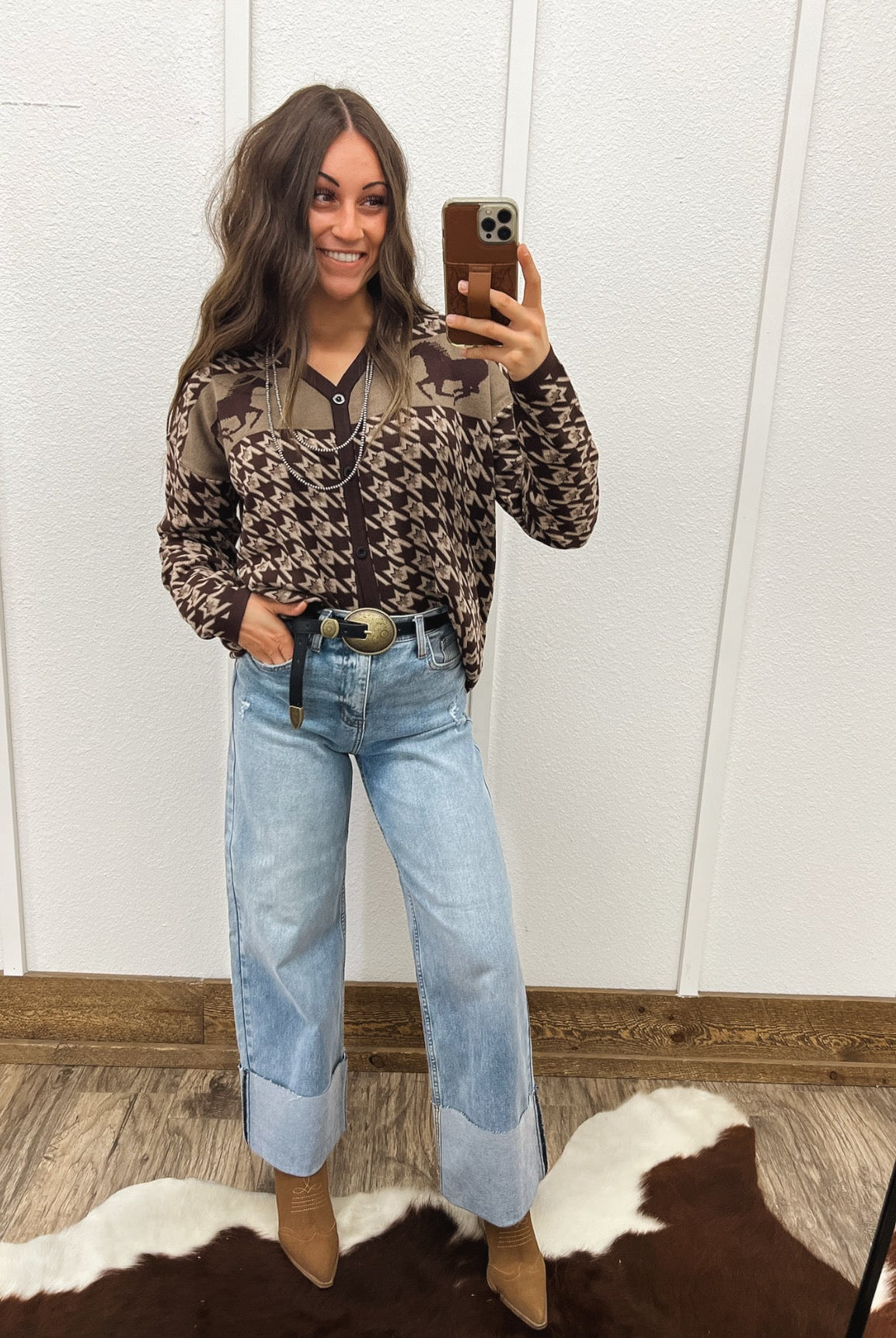 Western Houndstooth Cardigan Tops - Sweaters
