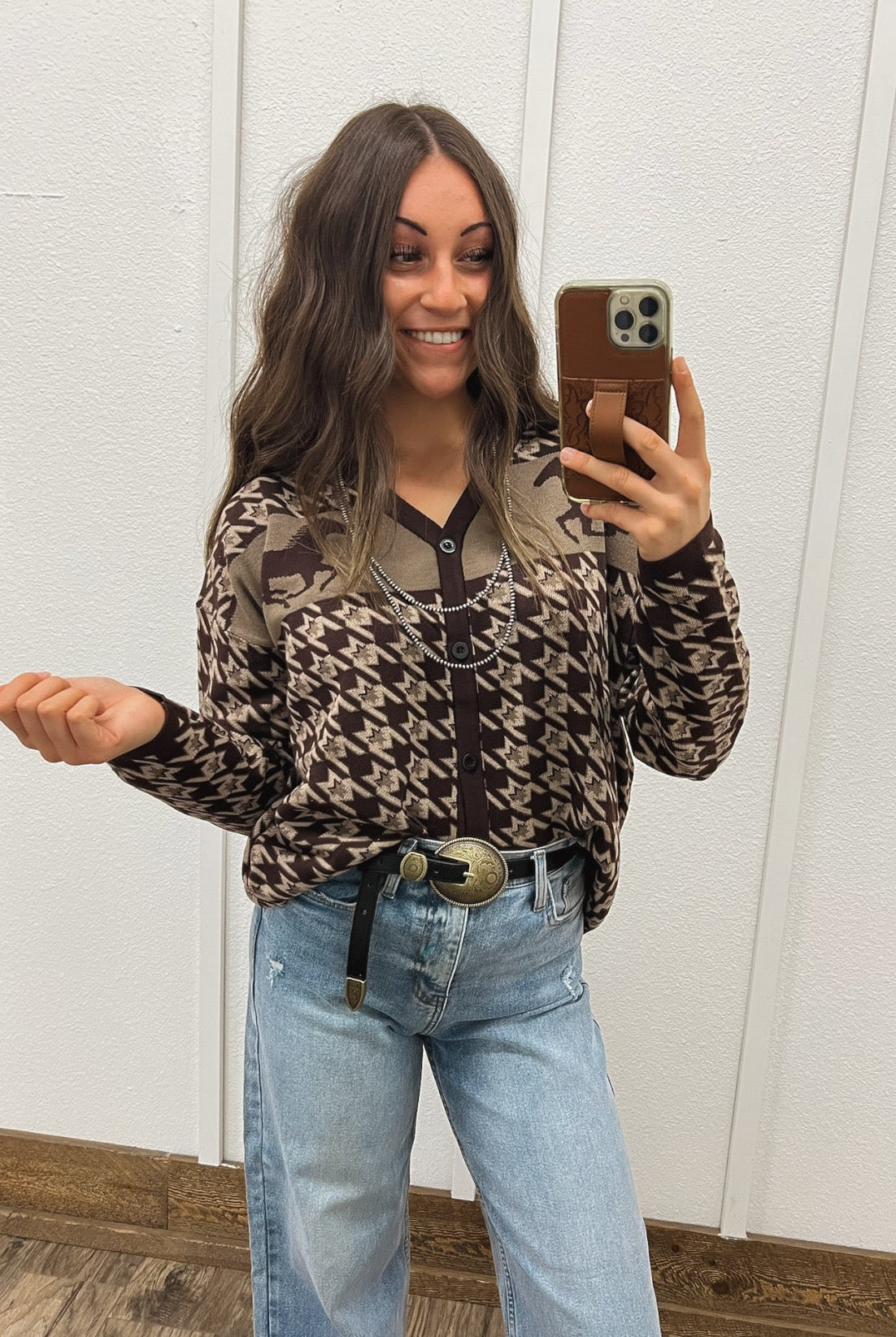 Western Houndstooth Cardigan Tops - Sweaters