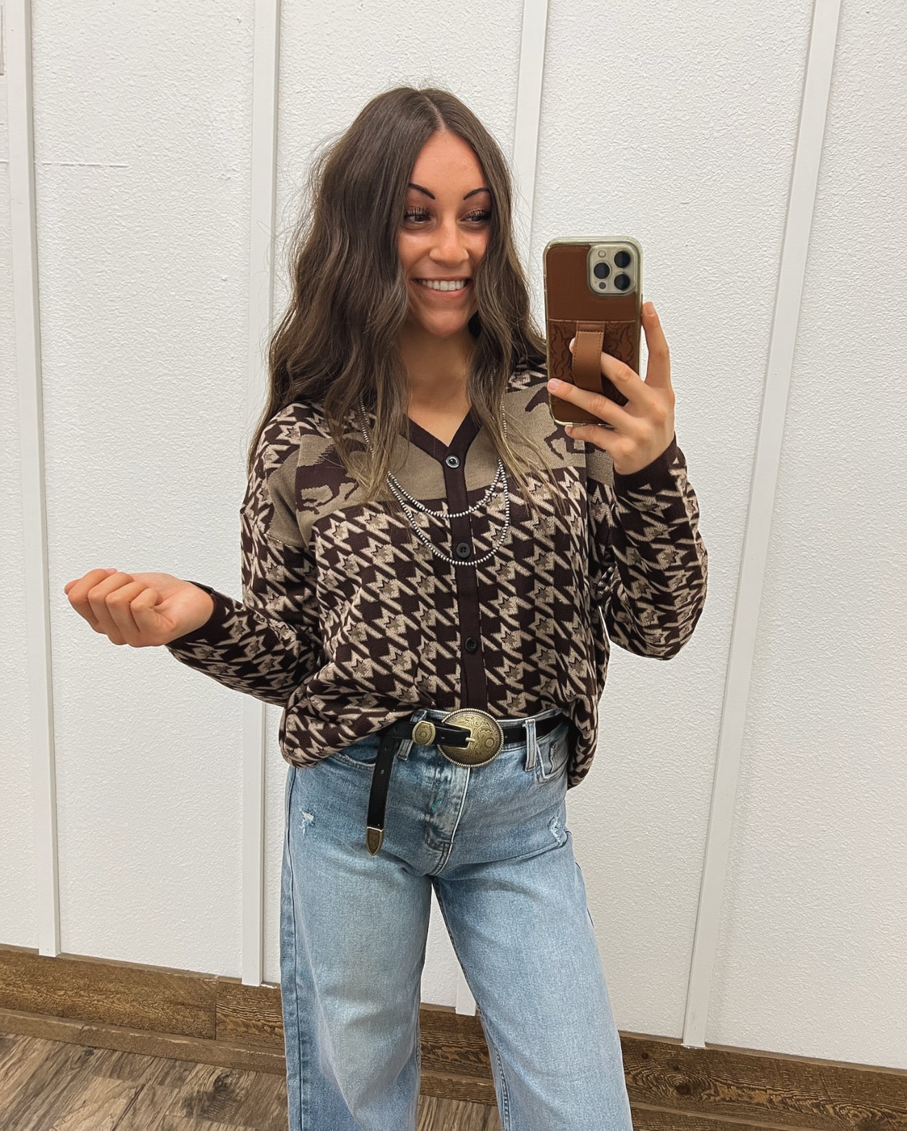 Western Houndstooth Cardigan Tops - Sweaters