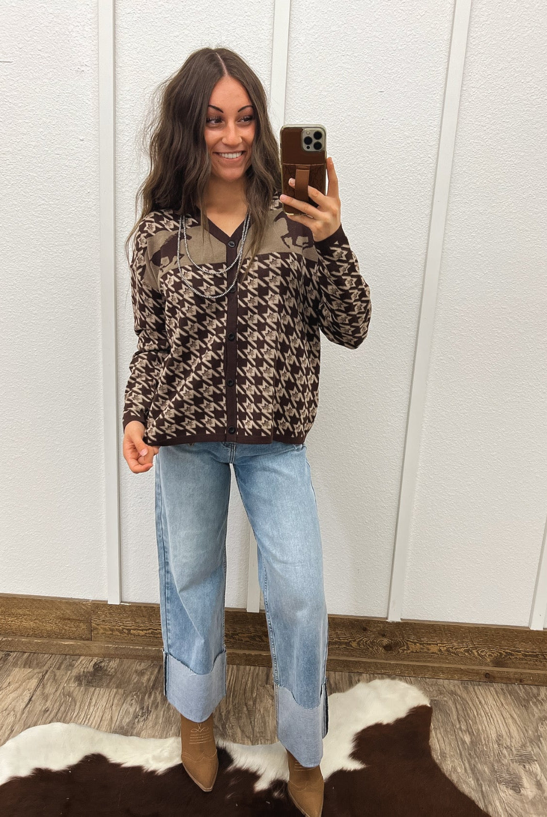 Western Houndstooth Cardigan Tops - Sweaters