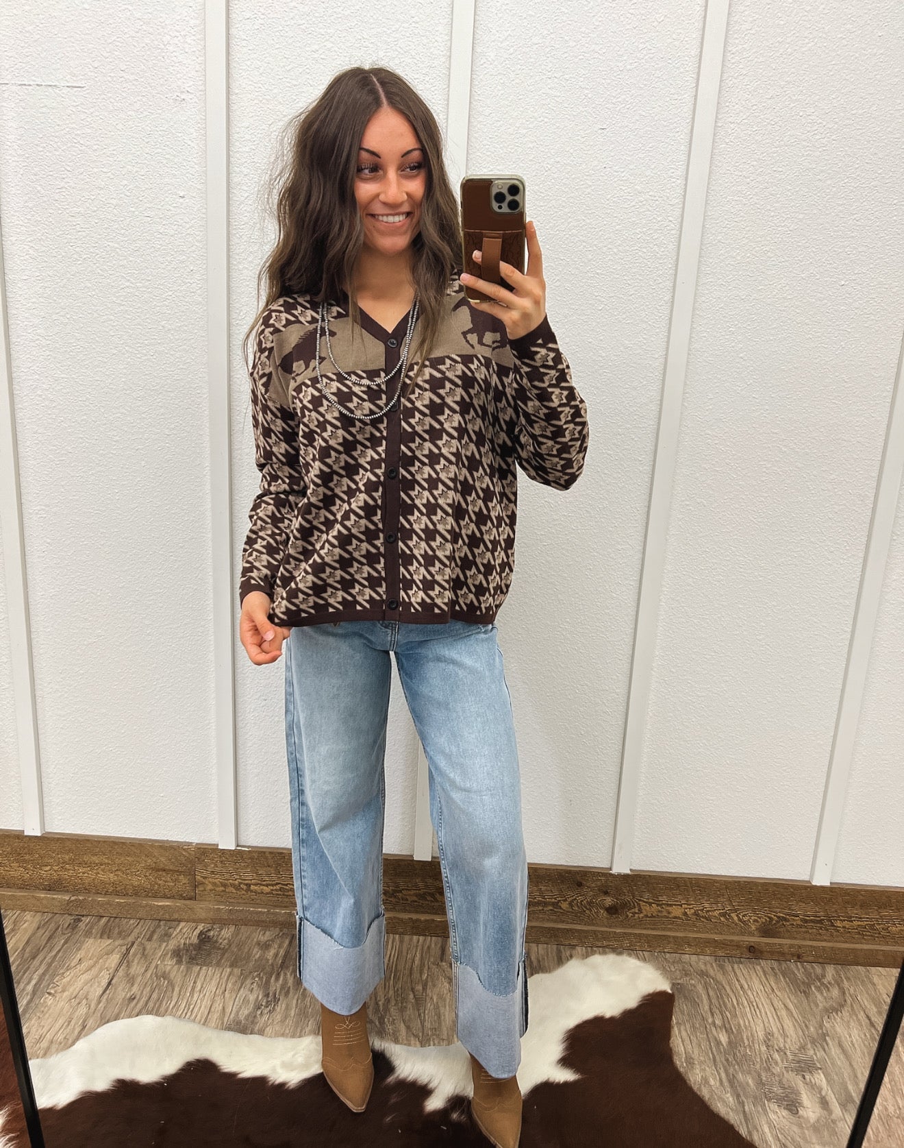 Western Houndstooth Cardigan Tops - Sweaters