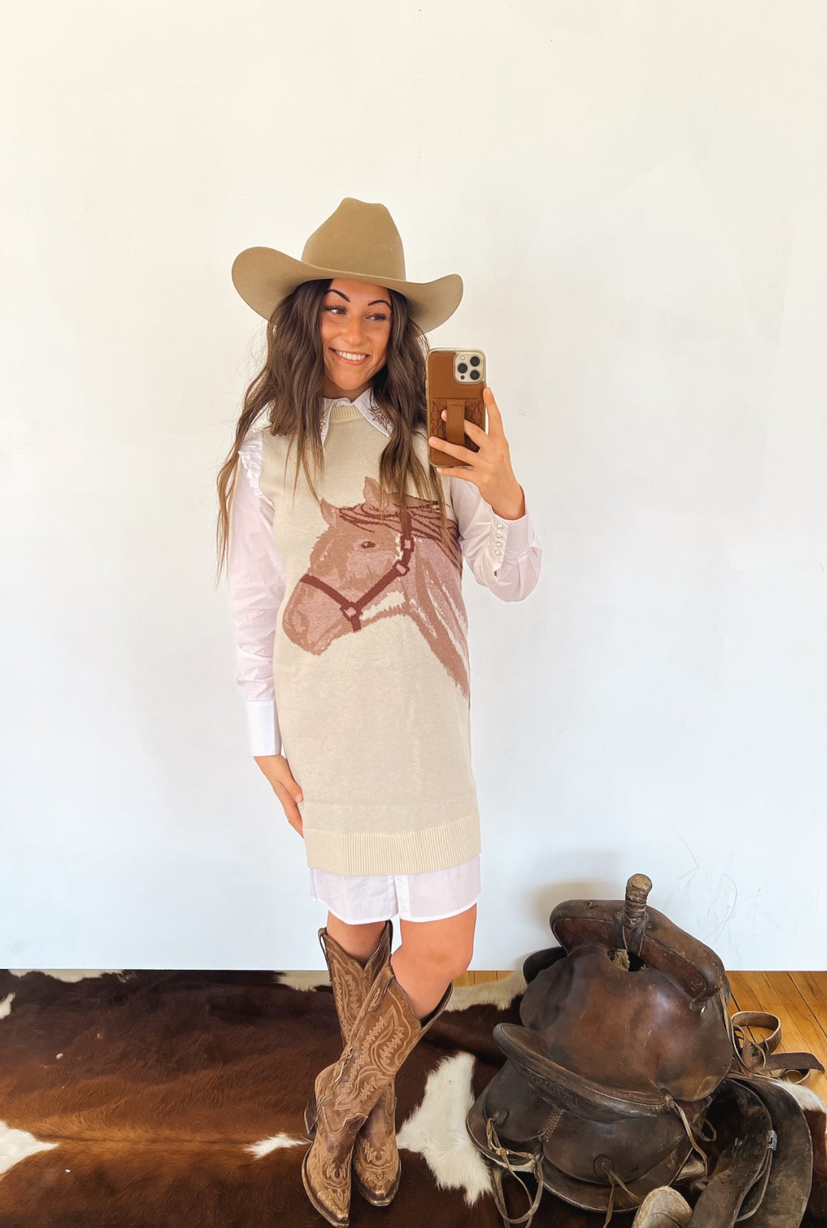 Bootstitch Pony Sweater Dress (Tan)