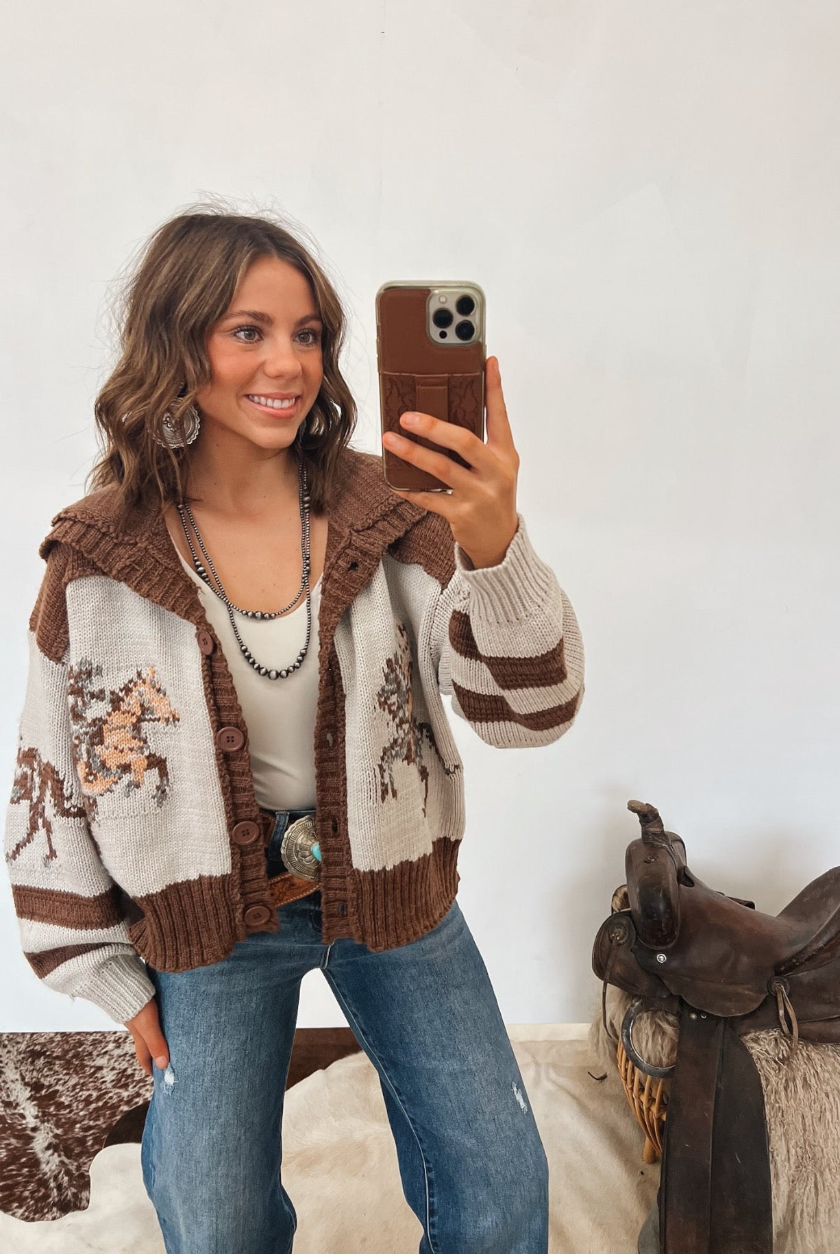Amarillo Sky Sweater Cardigan (Brown) Tops - Outwear