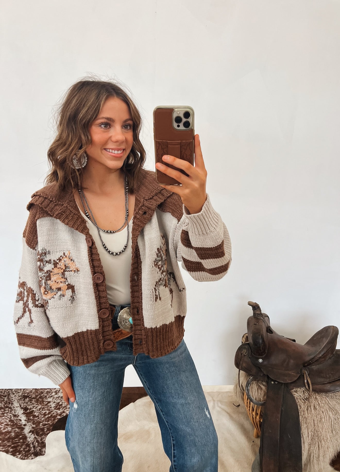 Amarillo Sky Sweater Cardigan (Brown) Tops - Outwear