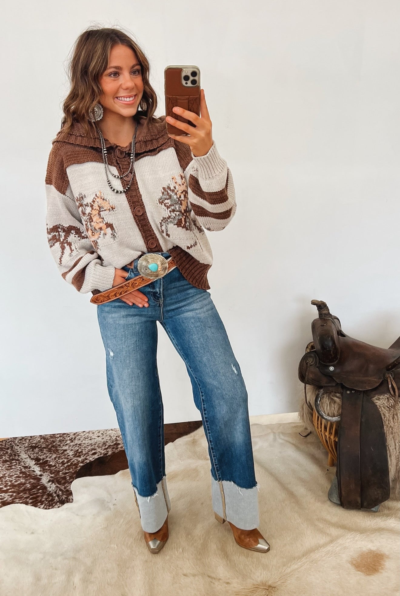 Amarillo Sky Sweater Cardigan (Brown) Tops - Outwear