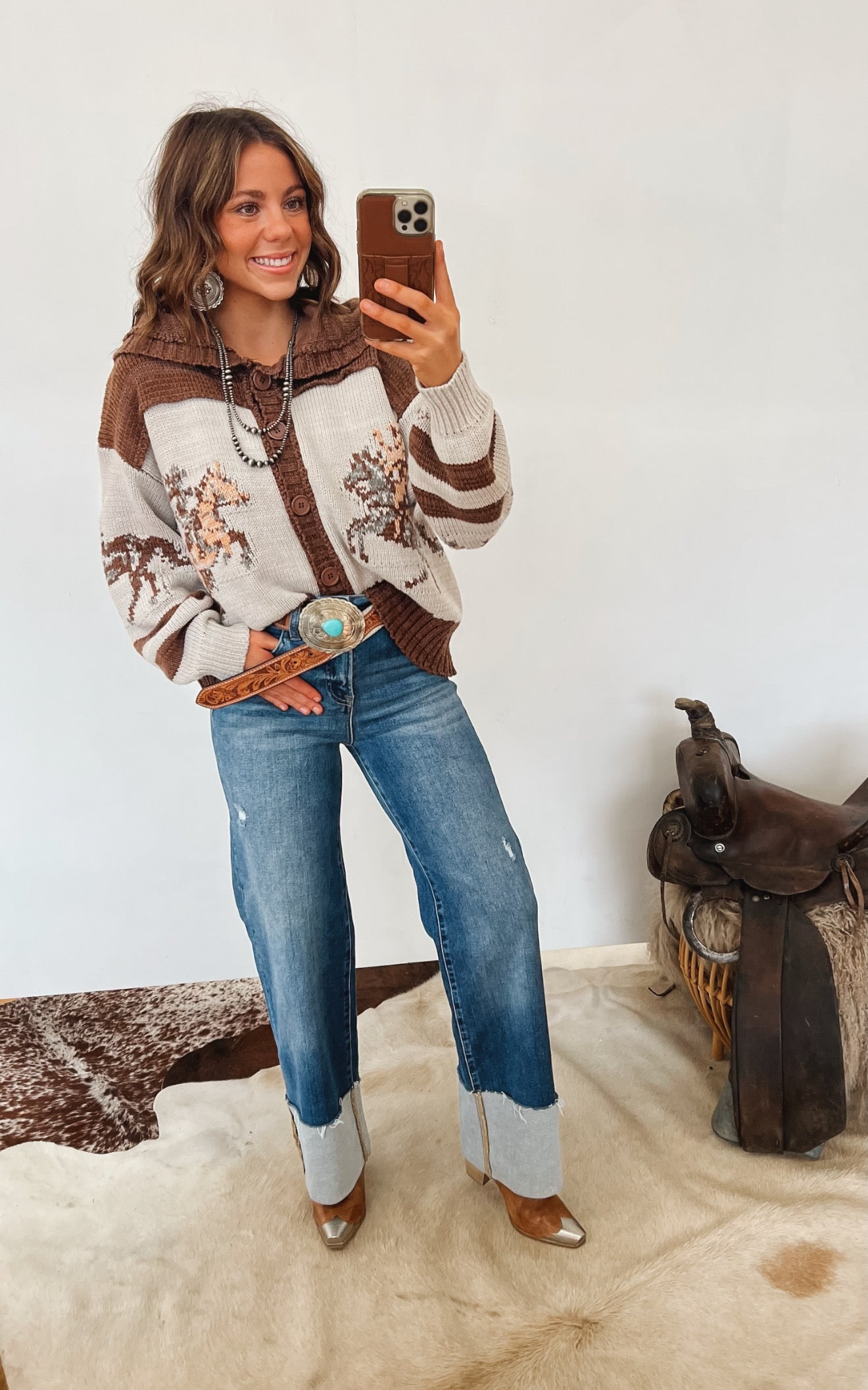 Amarillo Sky Sweater Cardigan (Brown) Tops - Outwear