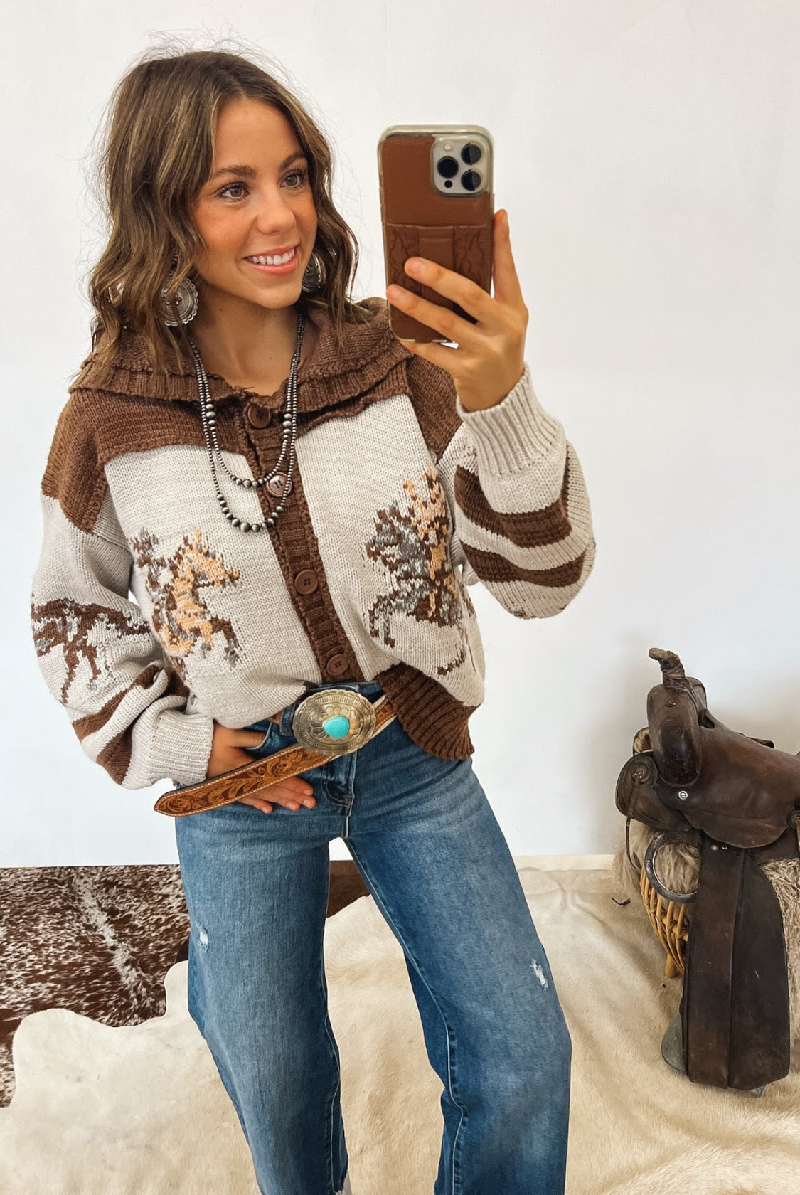 Amarillo Sky Sweater Cardigan (Brown) Tops - Outwear