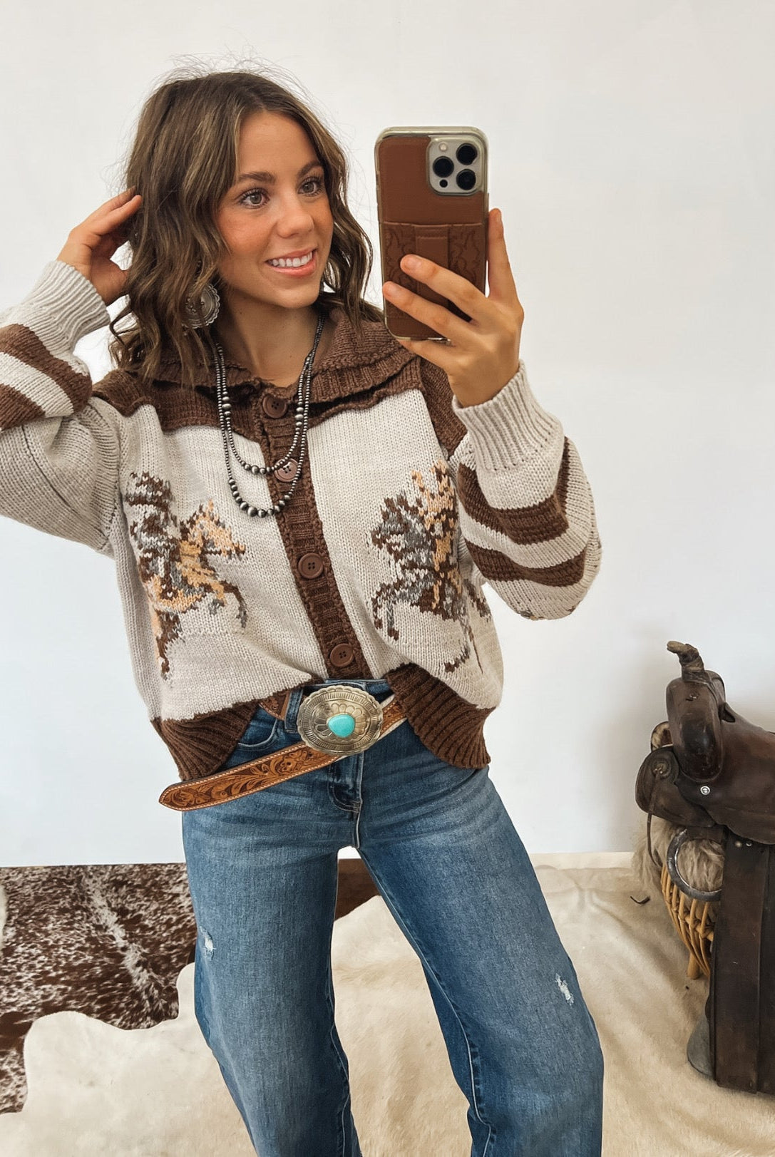 Amarillo Sky Sweater Cardigan (Brown) Tops - Outwear