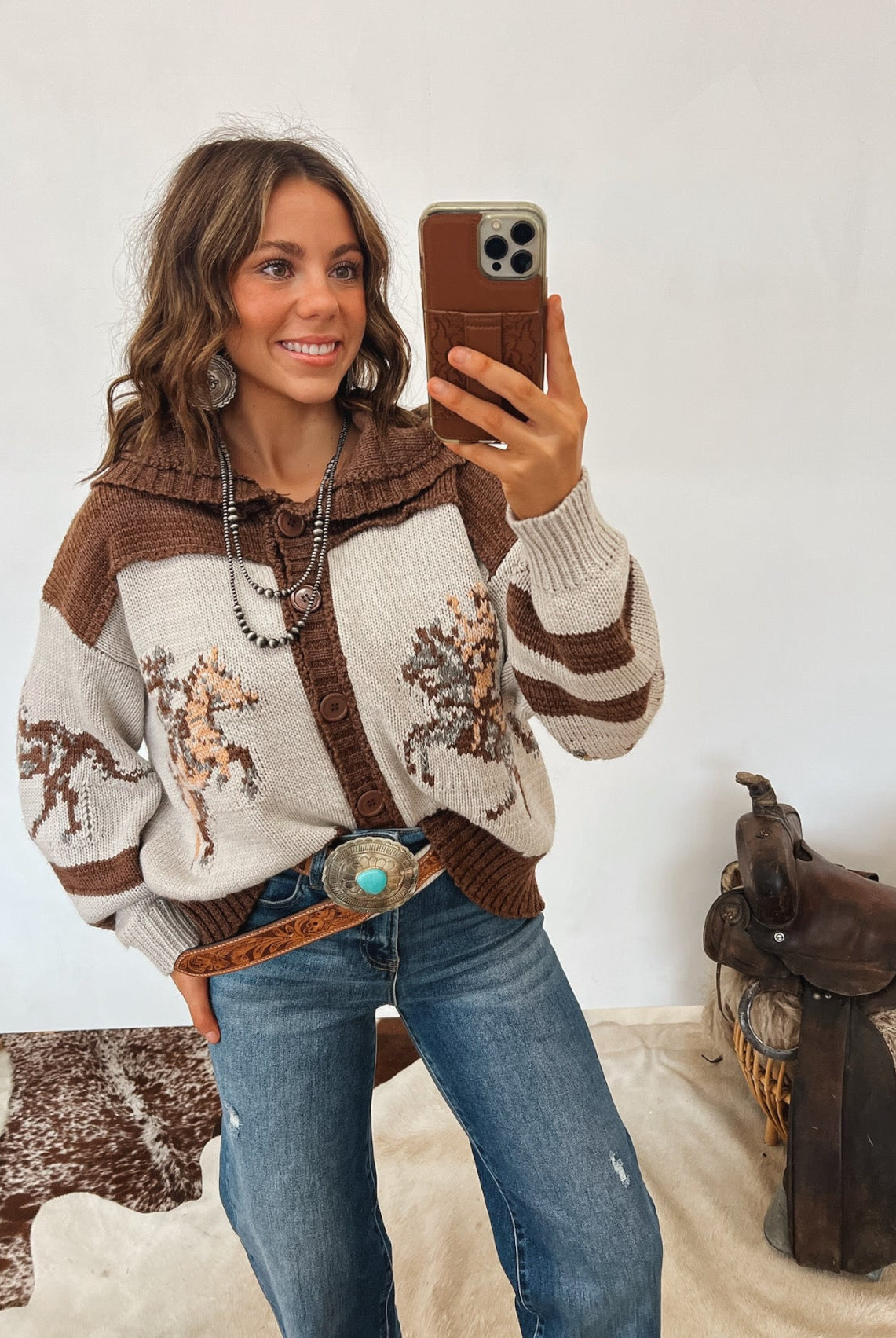Amarillo Sky Sweater Cardigan (Brown) Tops - Outwear