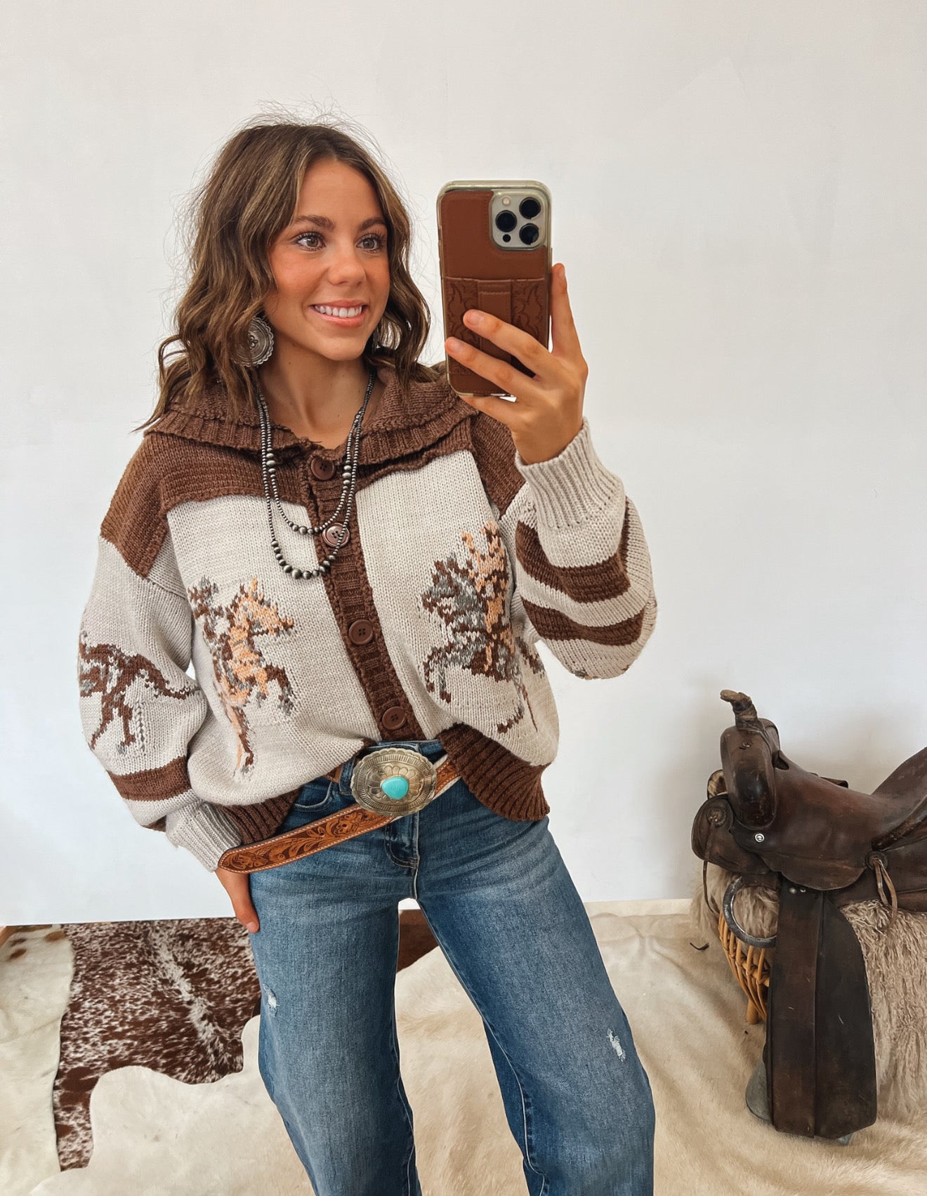Amarillo Sky Sweater Cardigan (Brown) Tops - Outwear