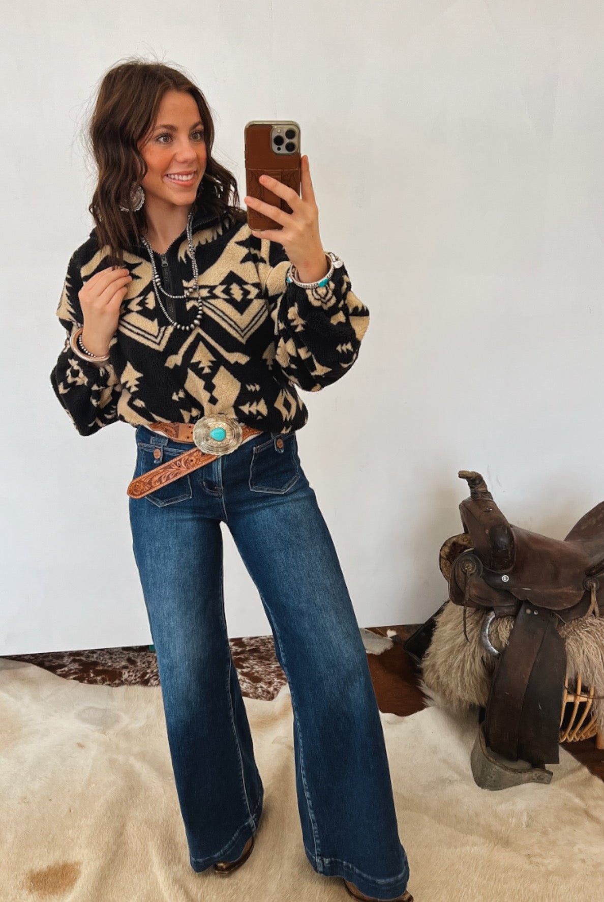 Aztec Teddy Sherpa Quarter Zip Jacket Tops - Outwear