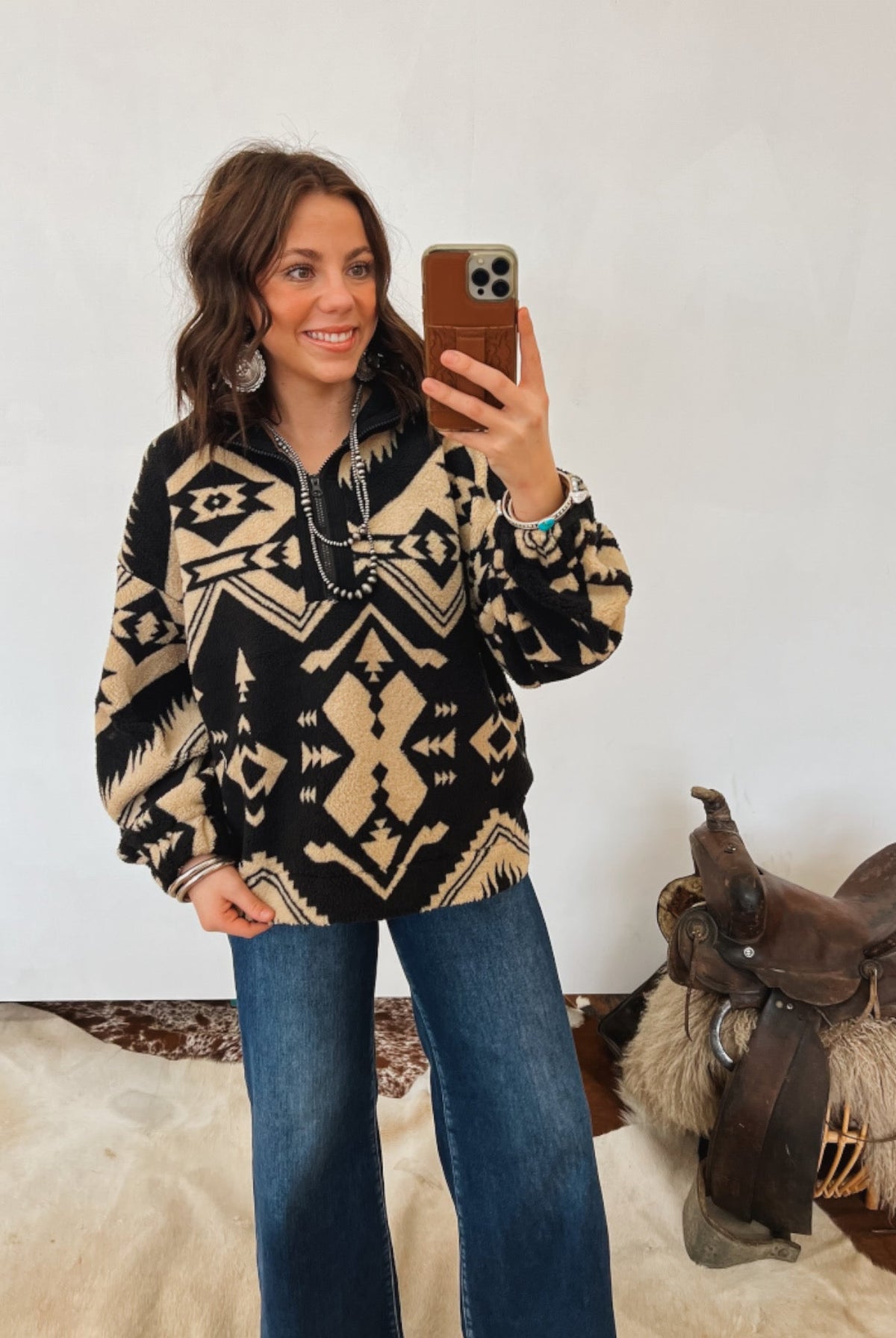 Aztec Teddy Sherpa Quarter Zip Jacket Tops - Outwear