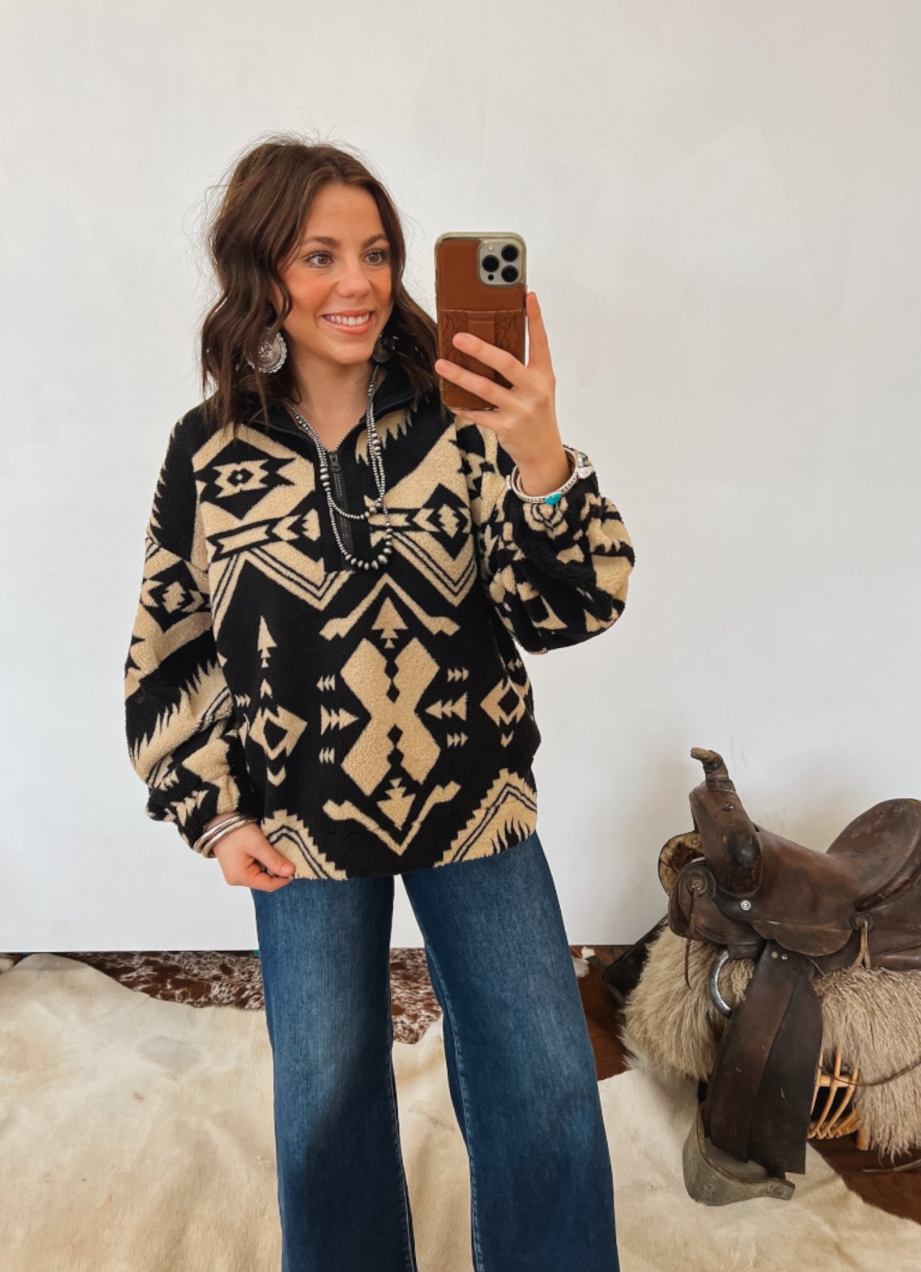 Aztec Teddy Sherpa Quarter Zip Jacket Tops - Outwear