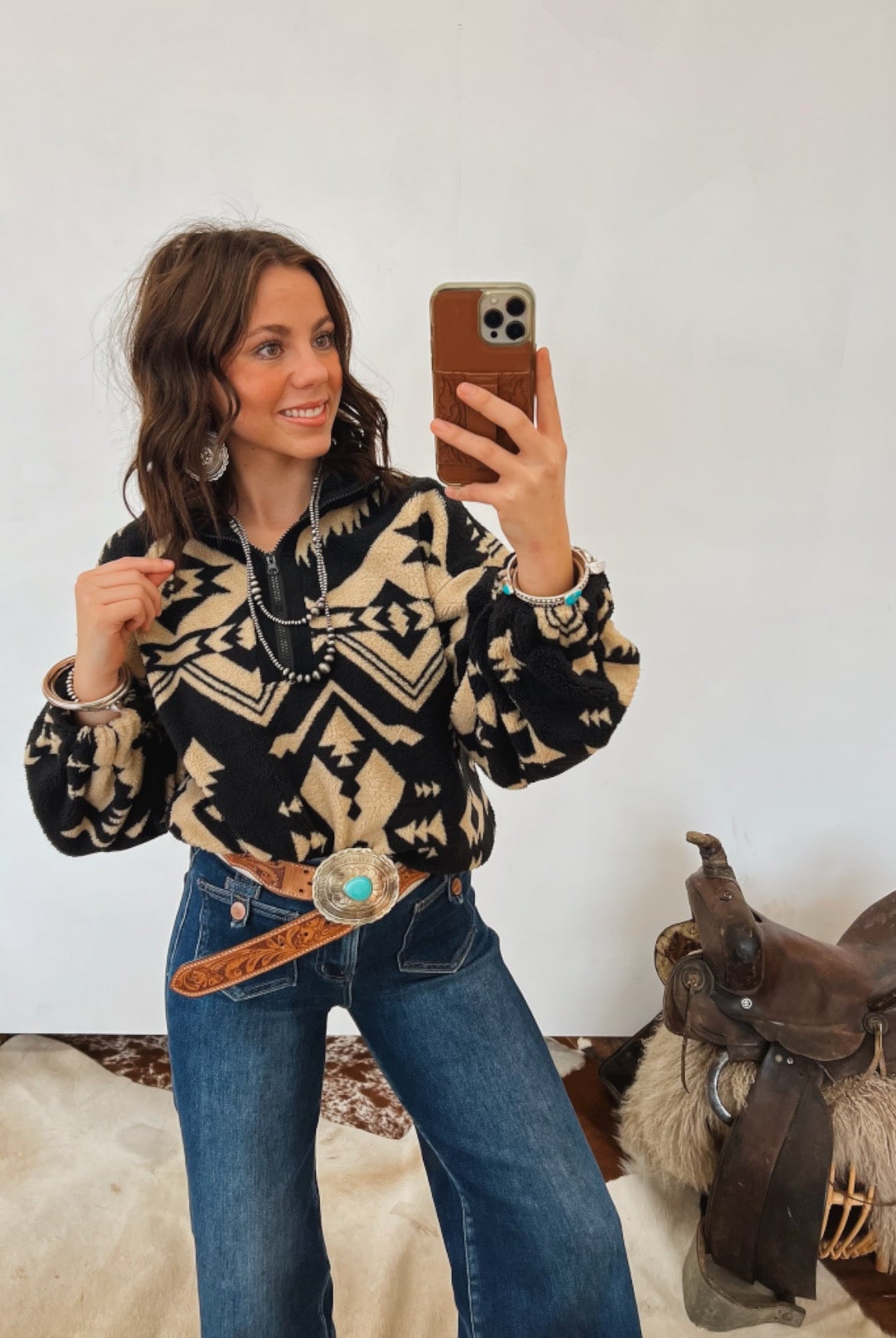 Aztec Teddy Sherpa Quarter Zip Jacket Tops - Outwear