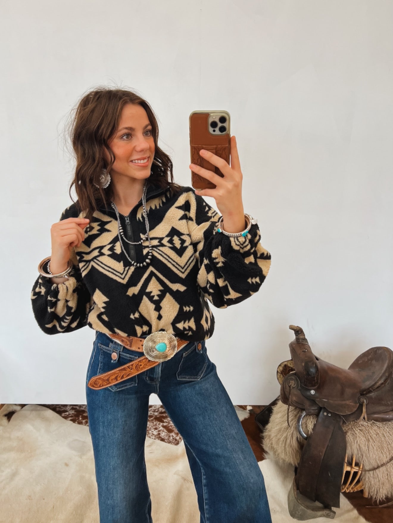 Aztec Teddy Sherpa Quarter Zip Jacket Tops - Outwear
