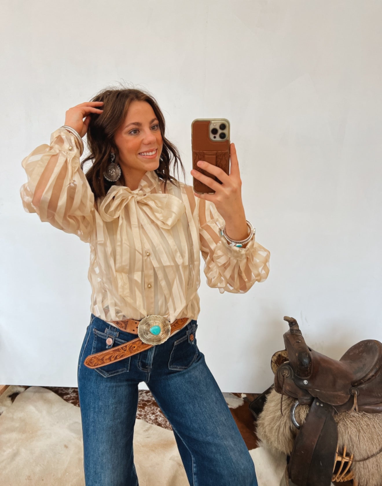 Rocky Striped Sheer Front Tie Blouse (Cream) Top