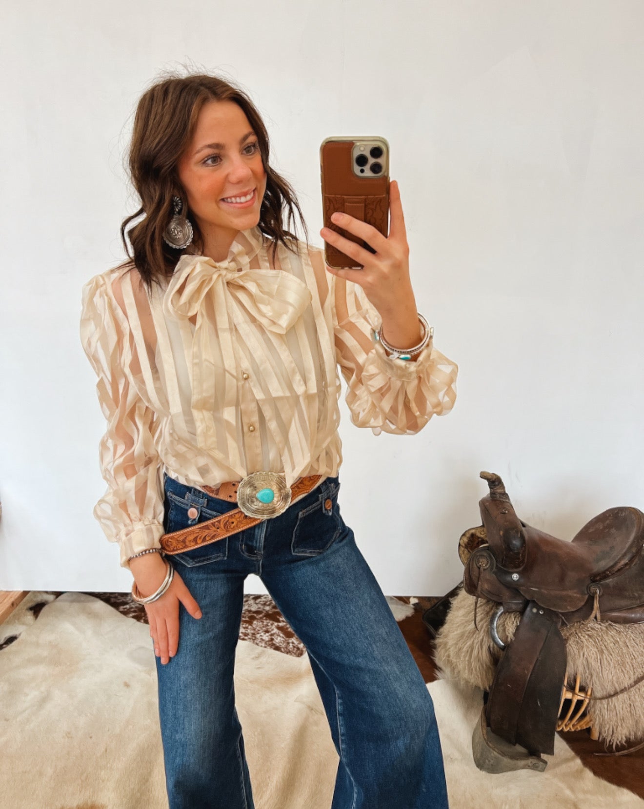 Rocky Striped Sheer Front Tie Blouse (Cream) Top