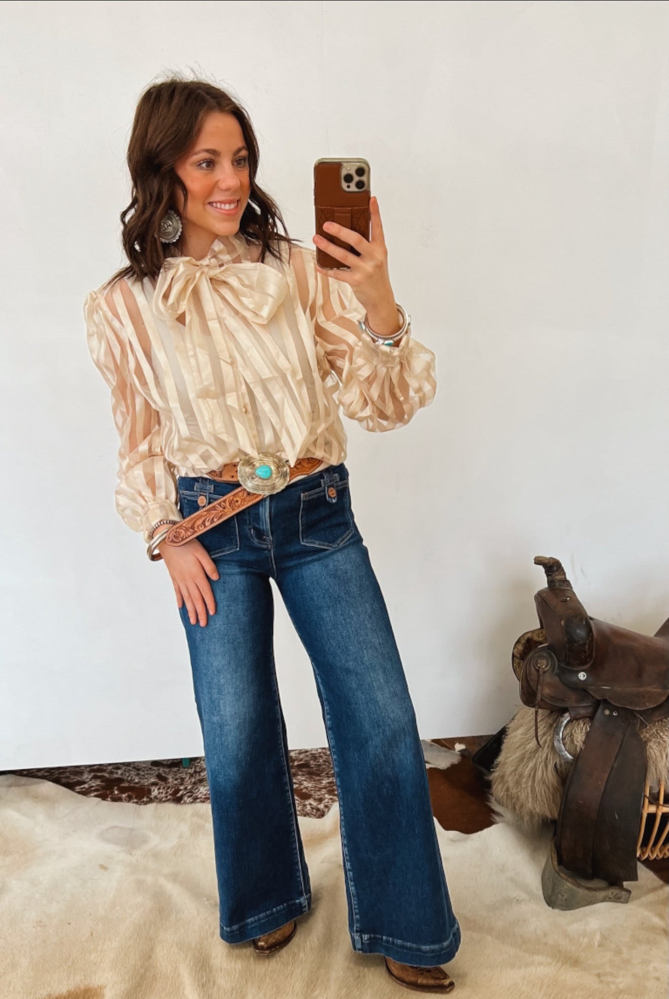 Rocky Striped Sheer Front Tie Blouse (Cream) Top